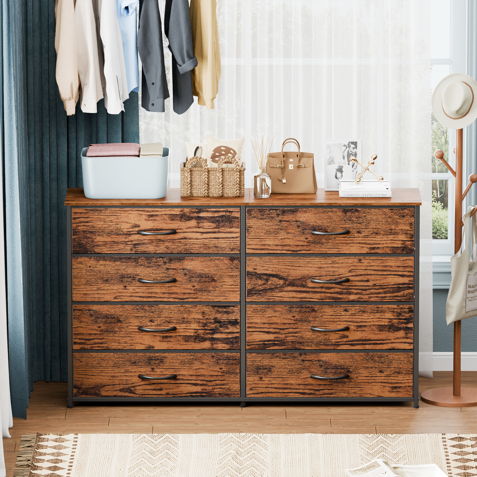 8 Drawer Dresser Wide Storage Chest of Drawers for Bedroom Closet Organizer Fabric Bins 55 Inch TV Stand Wood Top Furniture Unit Hallway Nursery