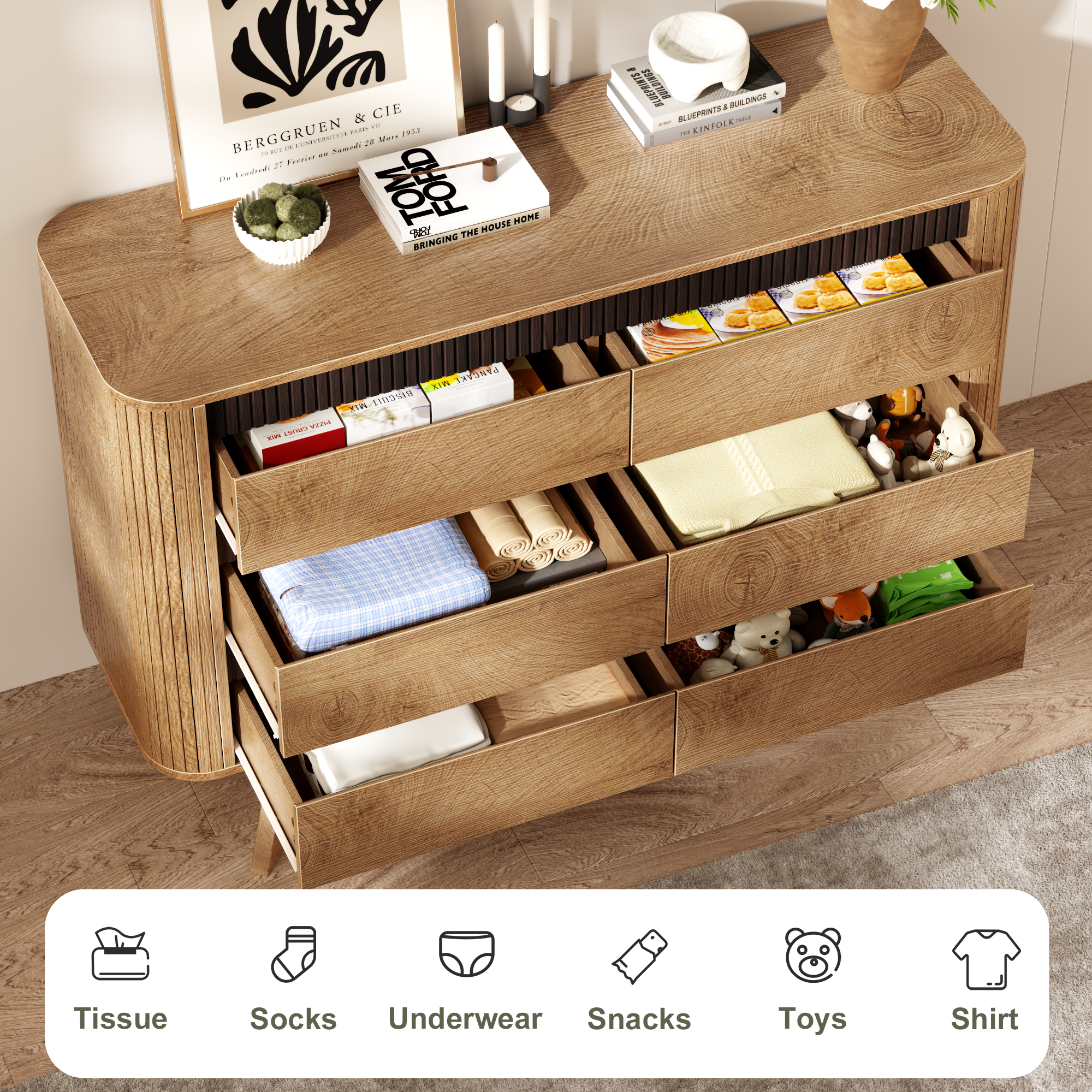 Qwatto 6 Drawer Dresser for Bedroom 47.2" Wide Fluted Chest of Drawers Modern Curved Design Clothes Storage Organizer Hallway Room Natural Oak Finish