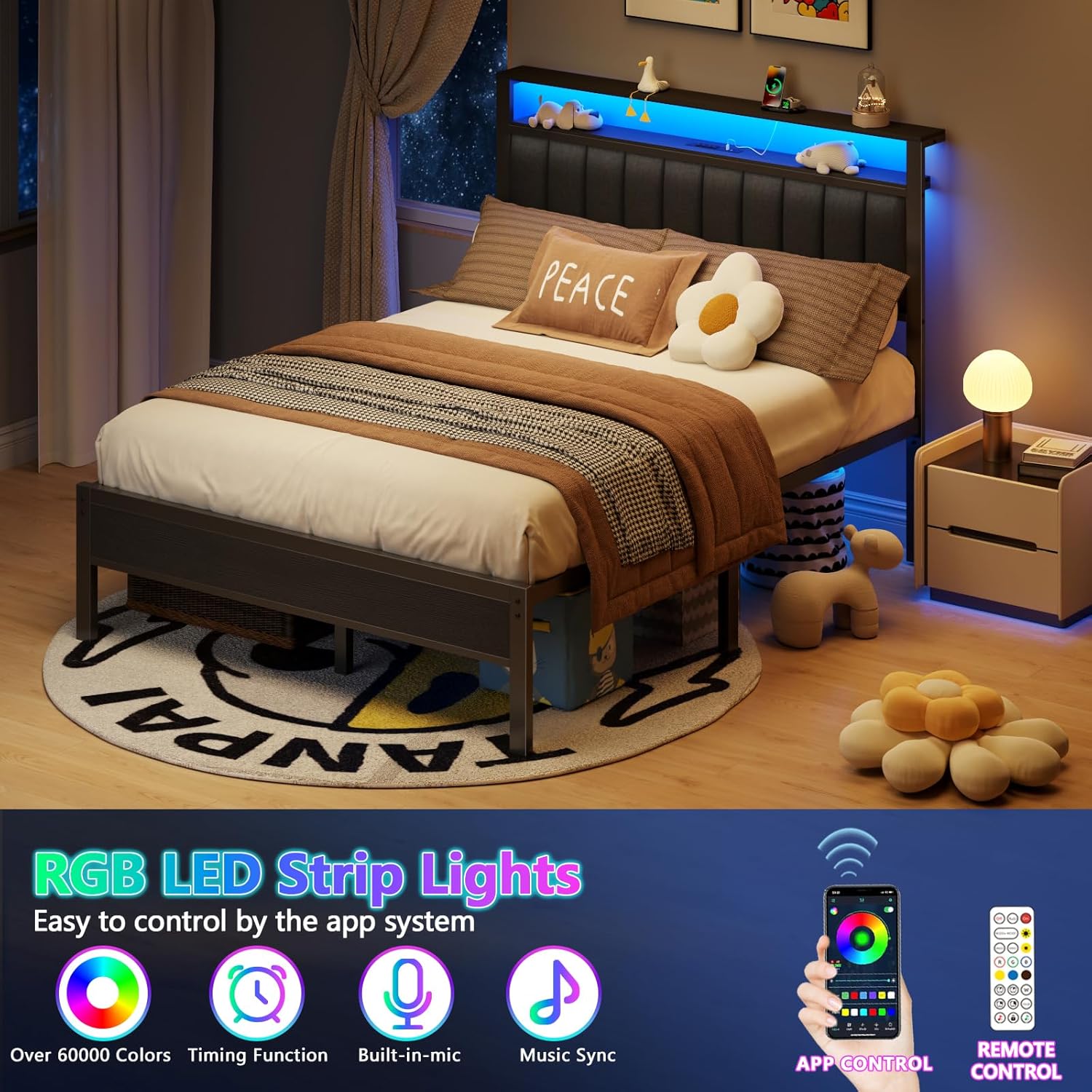 Furnulem Queen Size bed frame with charging station and LED light gray upholstered headboard two-tier storage shelves no spring mattress required