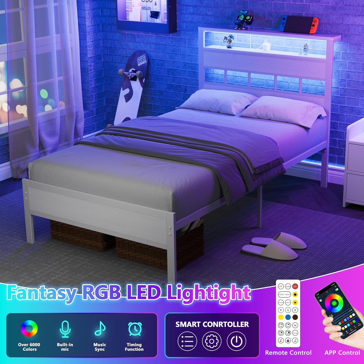 Furnulem Twin Bed Frame with LED Lights & Charging Station, Wood Headboard with Storage, No Box Spring Needed