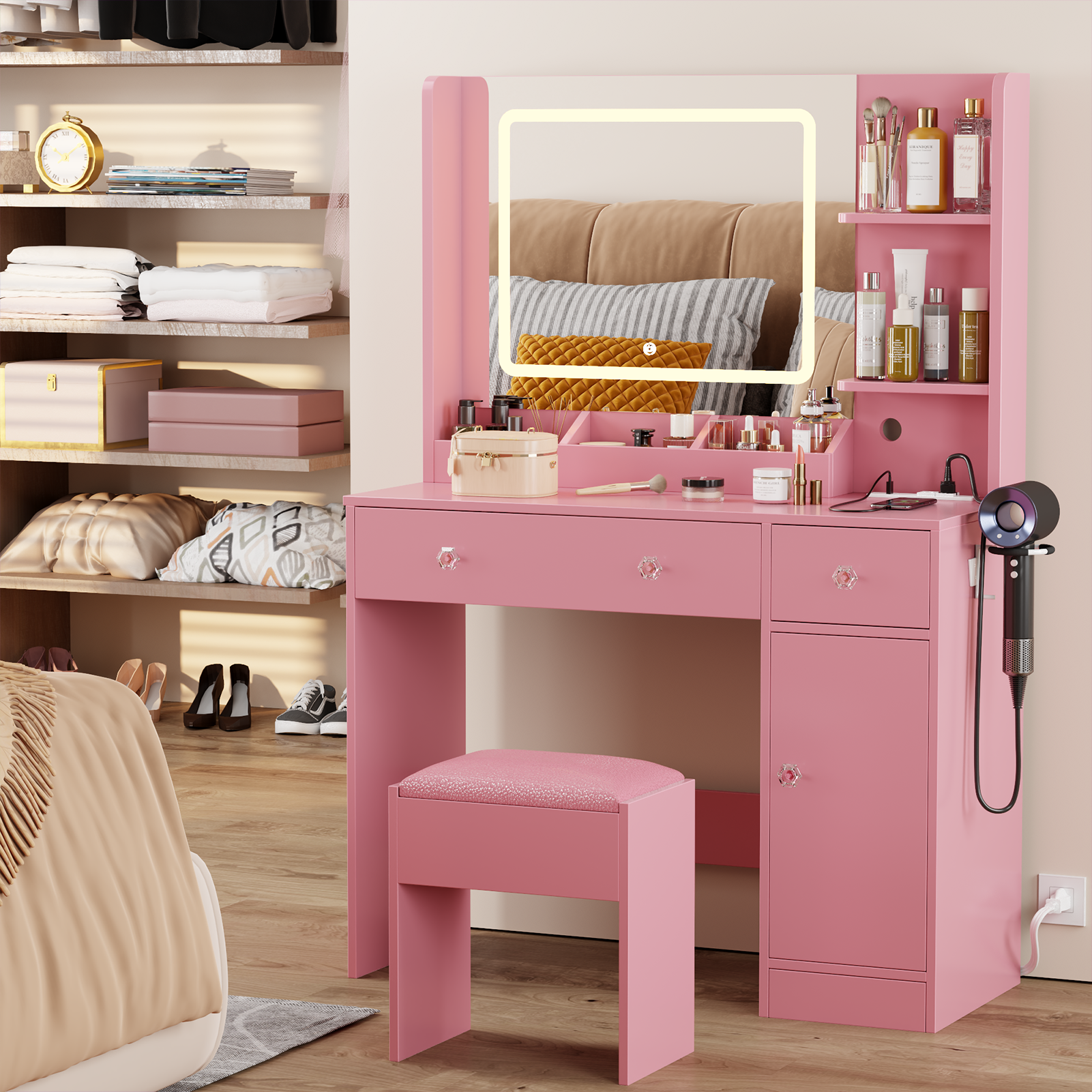 Pink Vanity Desk with Mirror and Lights Makeup Vanity Set with Stool and Power Outlet Dressing Table with Drawers Storage Shelves Lighted Mirror Desk