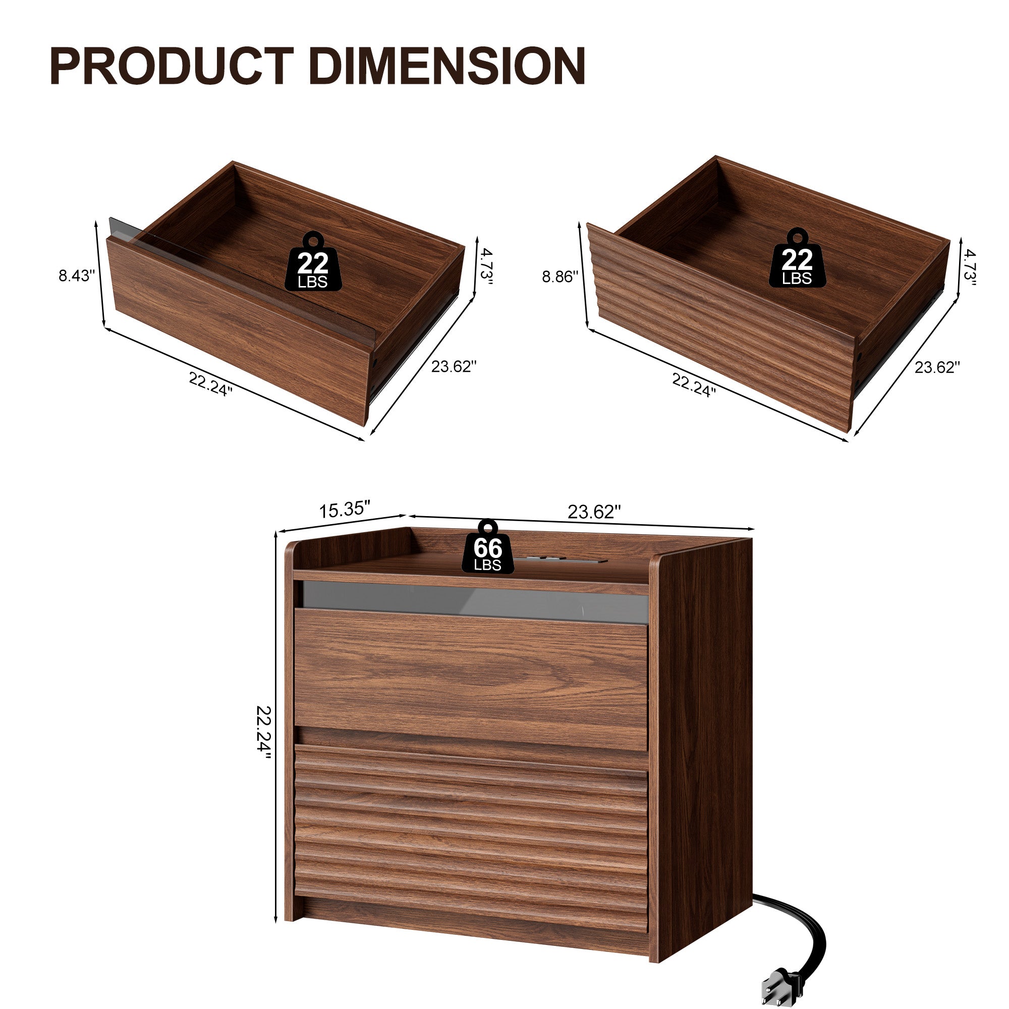 Qwatto Fluted Bedside Nightstand with Charging Station LED Light 2 Drawer Storage Cabinet Walnut Modern Side Table Bedroom Storage Cabinet
