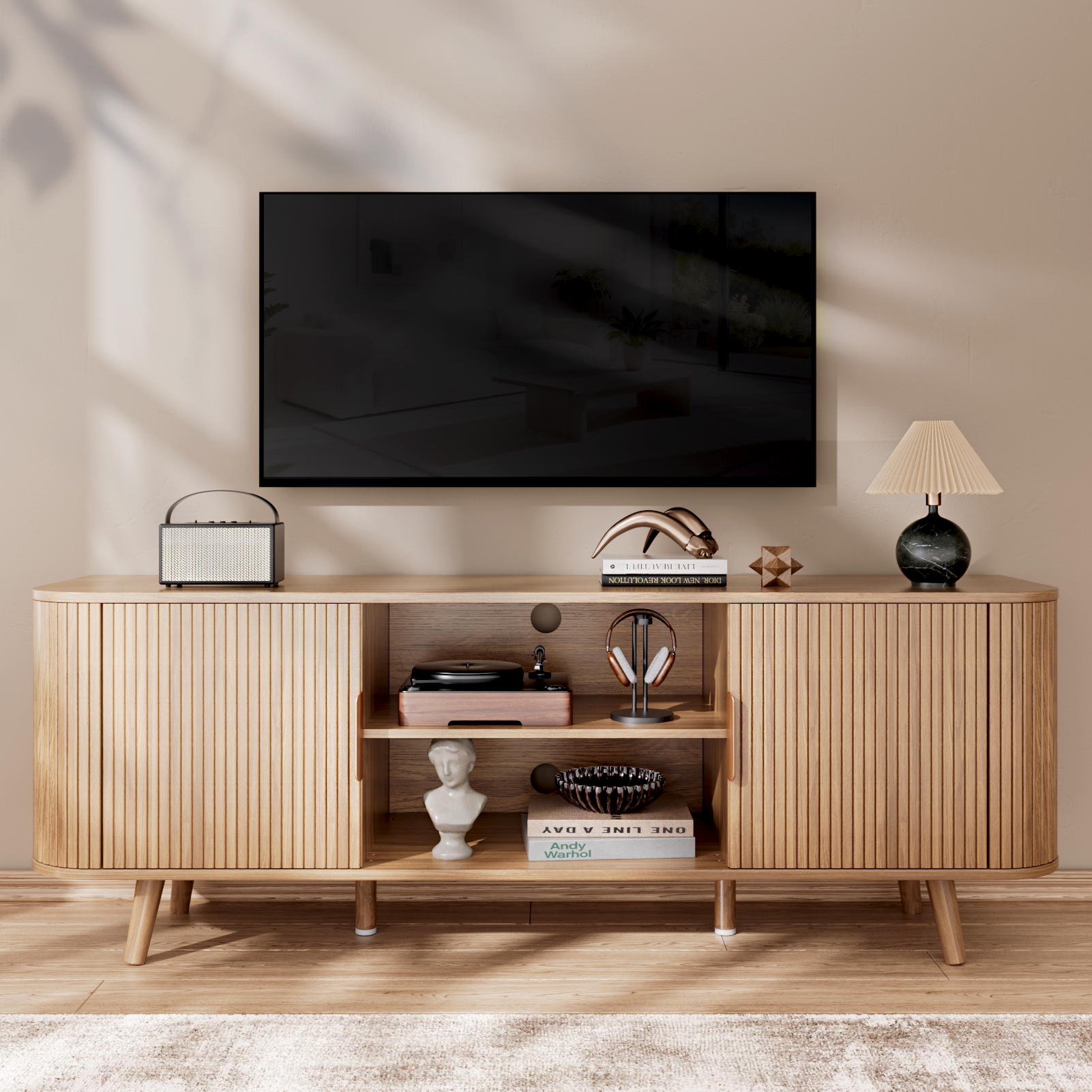 55 Inch Media Console for Bedroom Living Room Oak TV Stand for 65 Inch TV Mid Century Modern Cabinet Fluted Wood Detail Cable Management
