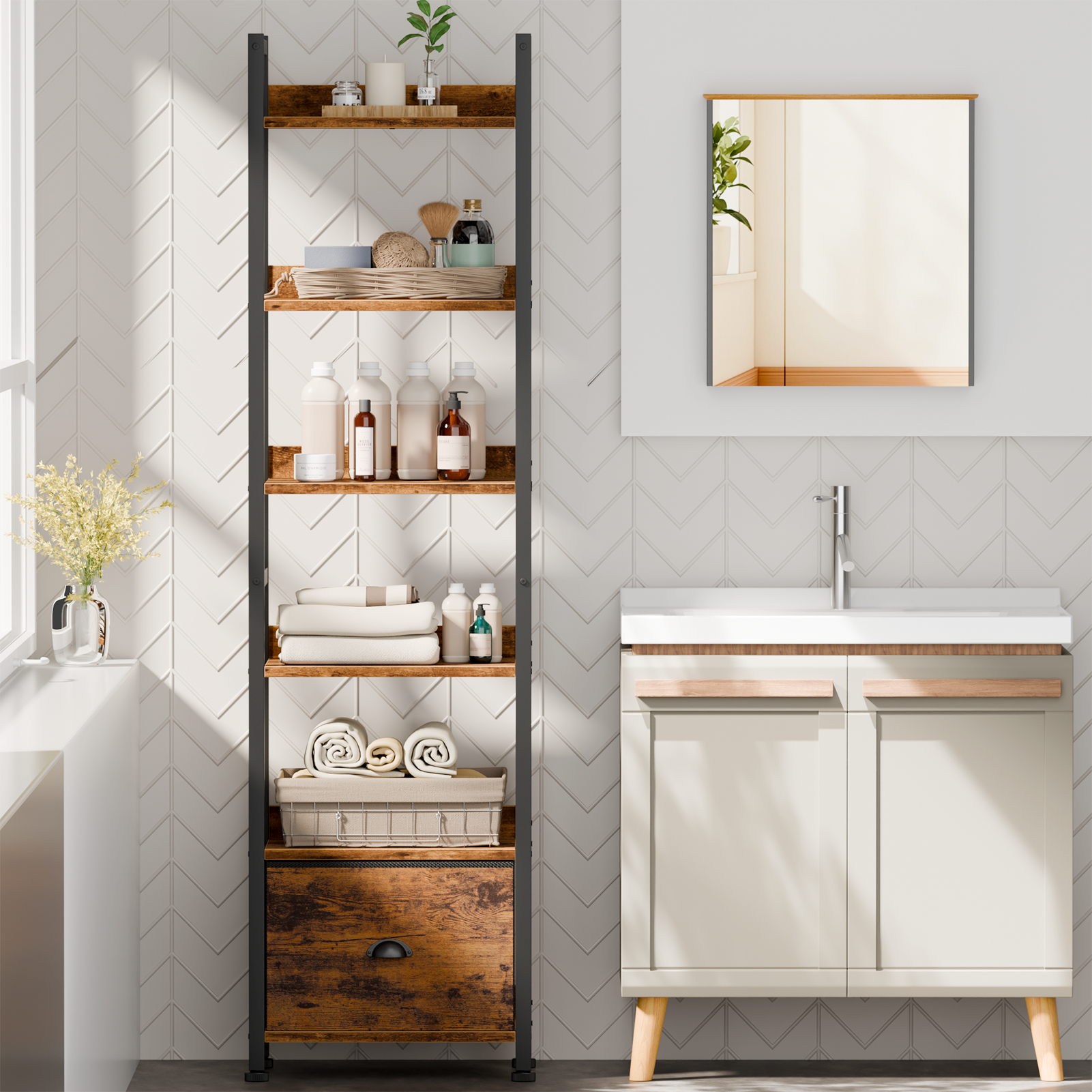 Qwatto Brown 6 Tier Bookshelf with Drawer Tall Industrial Wood Metal Freestanding Storage Display Shelves Etagere Bookcase Organizer for Home Office