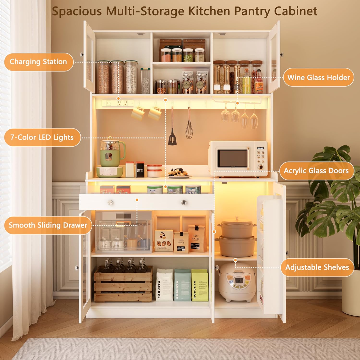 Qwatto 71"Kitchen Pantry Cabinet with Charging Station and LED Lights Tall Freestanding Kitchen Hutch with storage Rack Microwave Stand White Cabinet