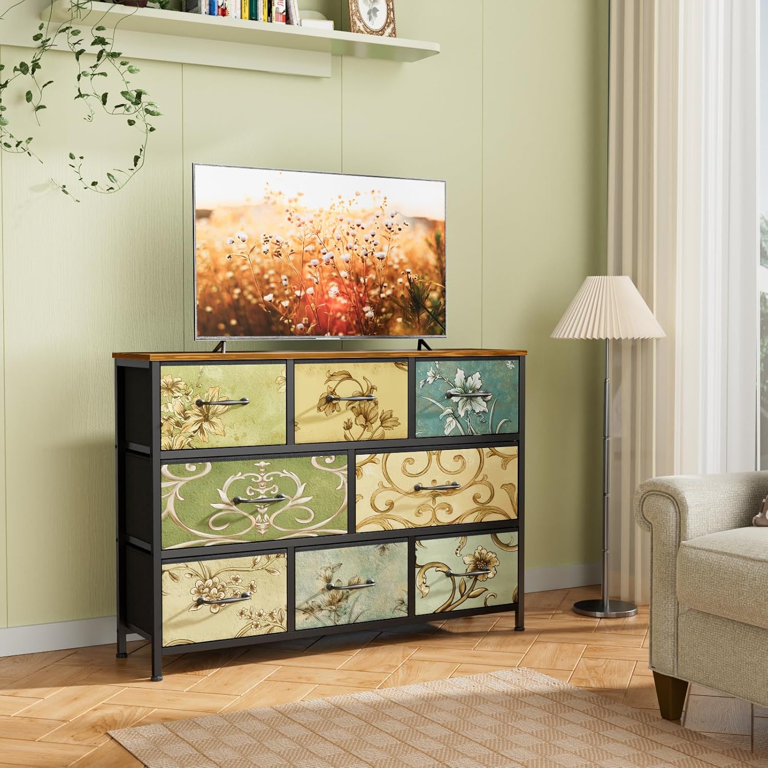 8 Drawer Dresser Wide Fabric Chest of Drawers Vintage Closet Clothes Storage Wooden Top Furniture for Bedroom Living Room Hallway