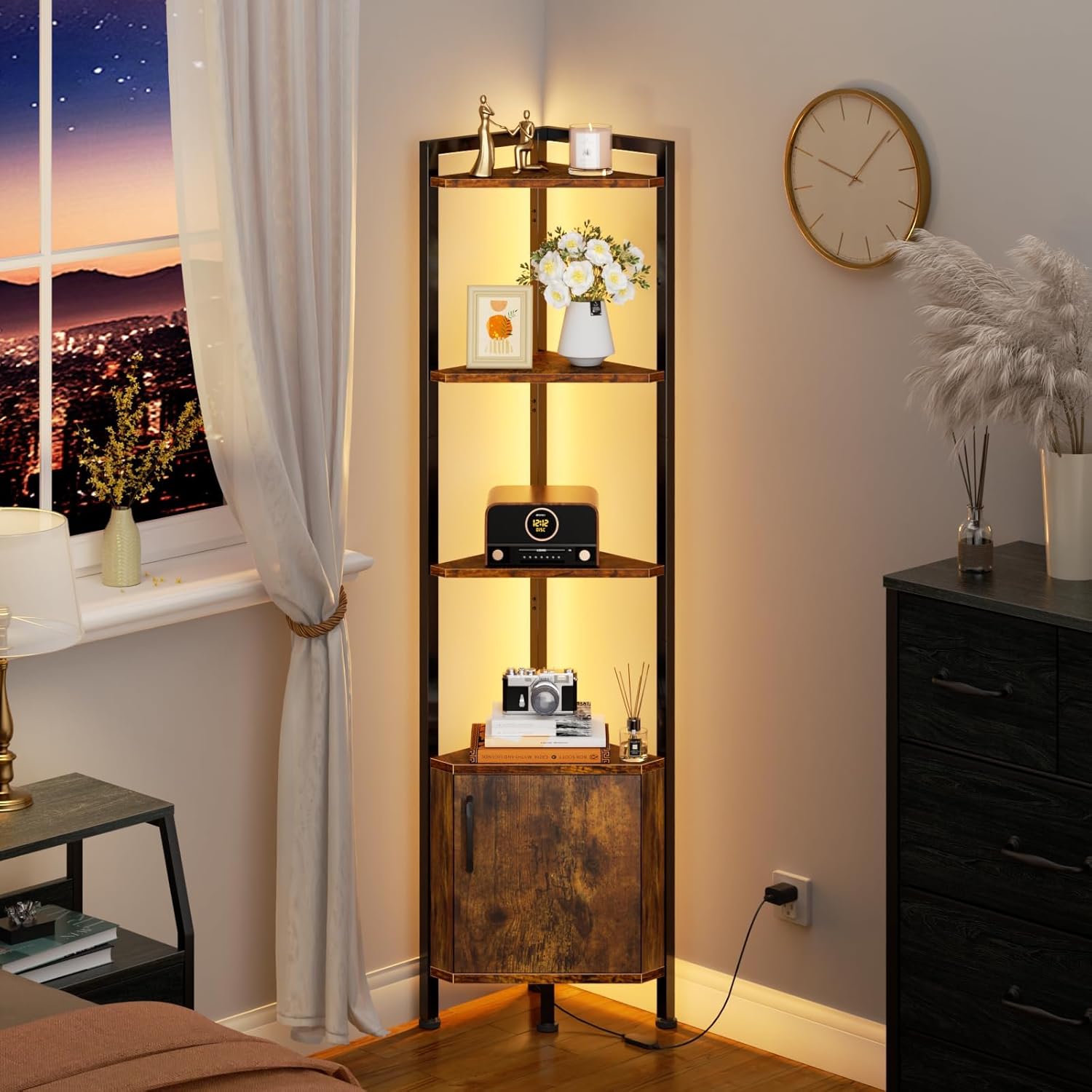 Furnulem 5-Tier Corner Shelf with LED Light, Standing Display Bookshelf with Storage for Bedroom, Living Room, Kitchen