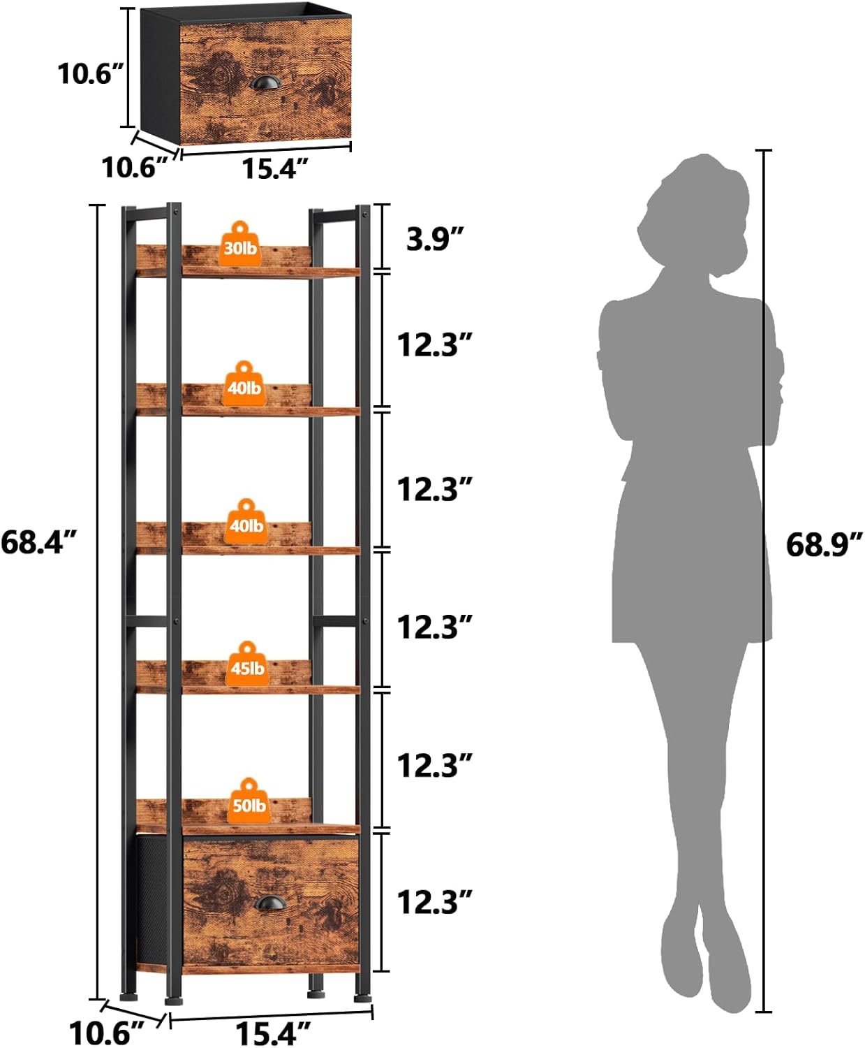 Qwatto Brown 6 Tier Bookshelf with Drawer Tall Industrial Wood Metal Freestanding Storage Display Shelves Etagere Bookcase Organizer for Home Office