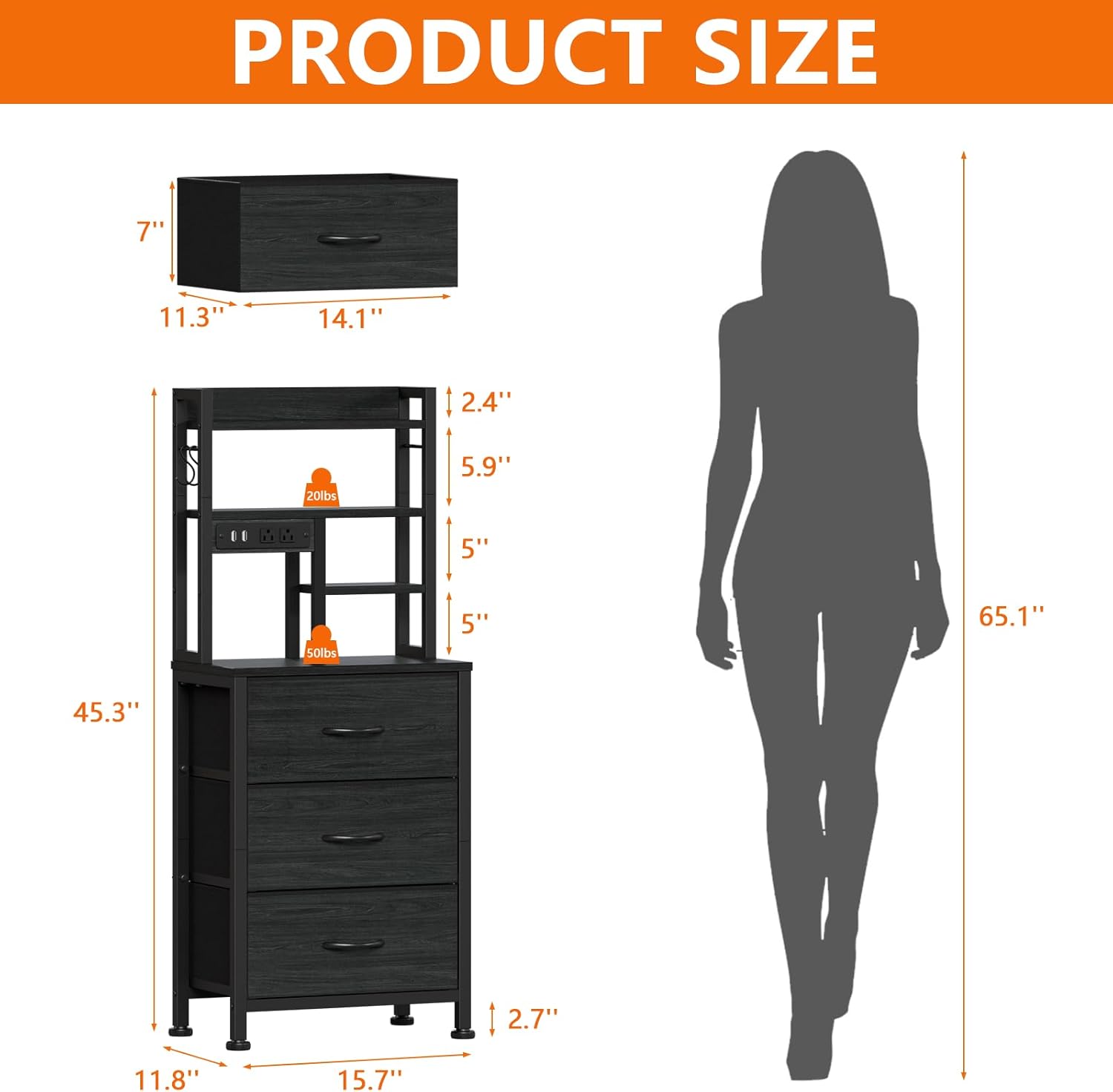 Qwatto 45.3in Tall Bedside Table with USB Charging Station and Light 3 Fabric Drawer Nightstand Bookshelf for Small Space Bedroom Dorm Black Oak Finish
