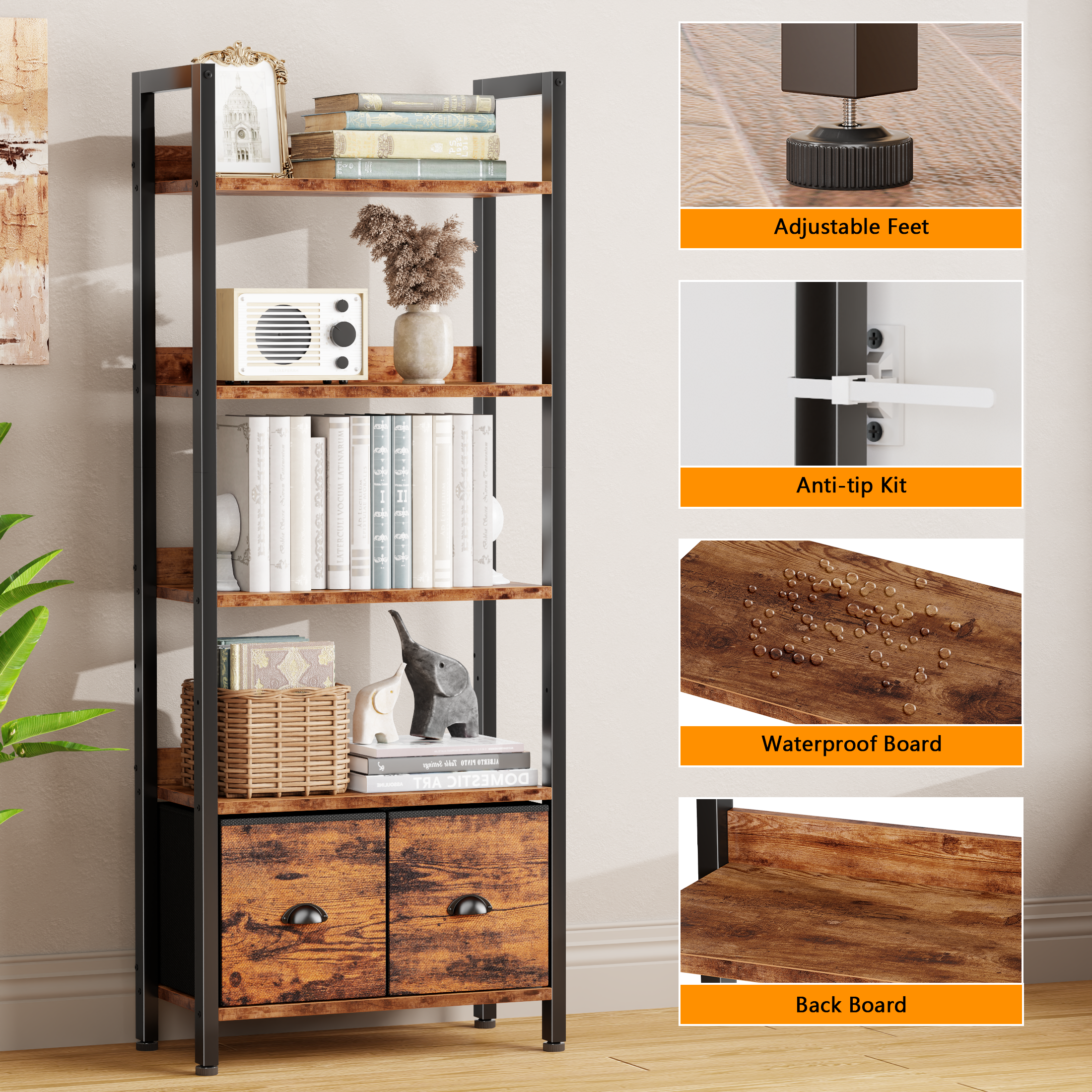 5 Tier Industrial Tall Bookcase with Two Storage Drawers Wood Metal Display Bookshelf Standing Organizer Shelf for Home Office Living Room Brown