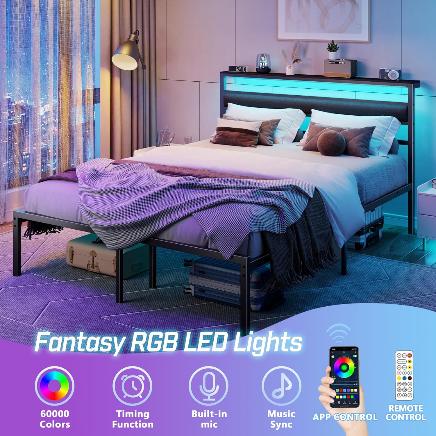 Queen Bed Frame with Led Lights and Charging Station Bed Frame with Headboard and Under Bed Storage Metal Platform Bedframe and Storage Shelf