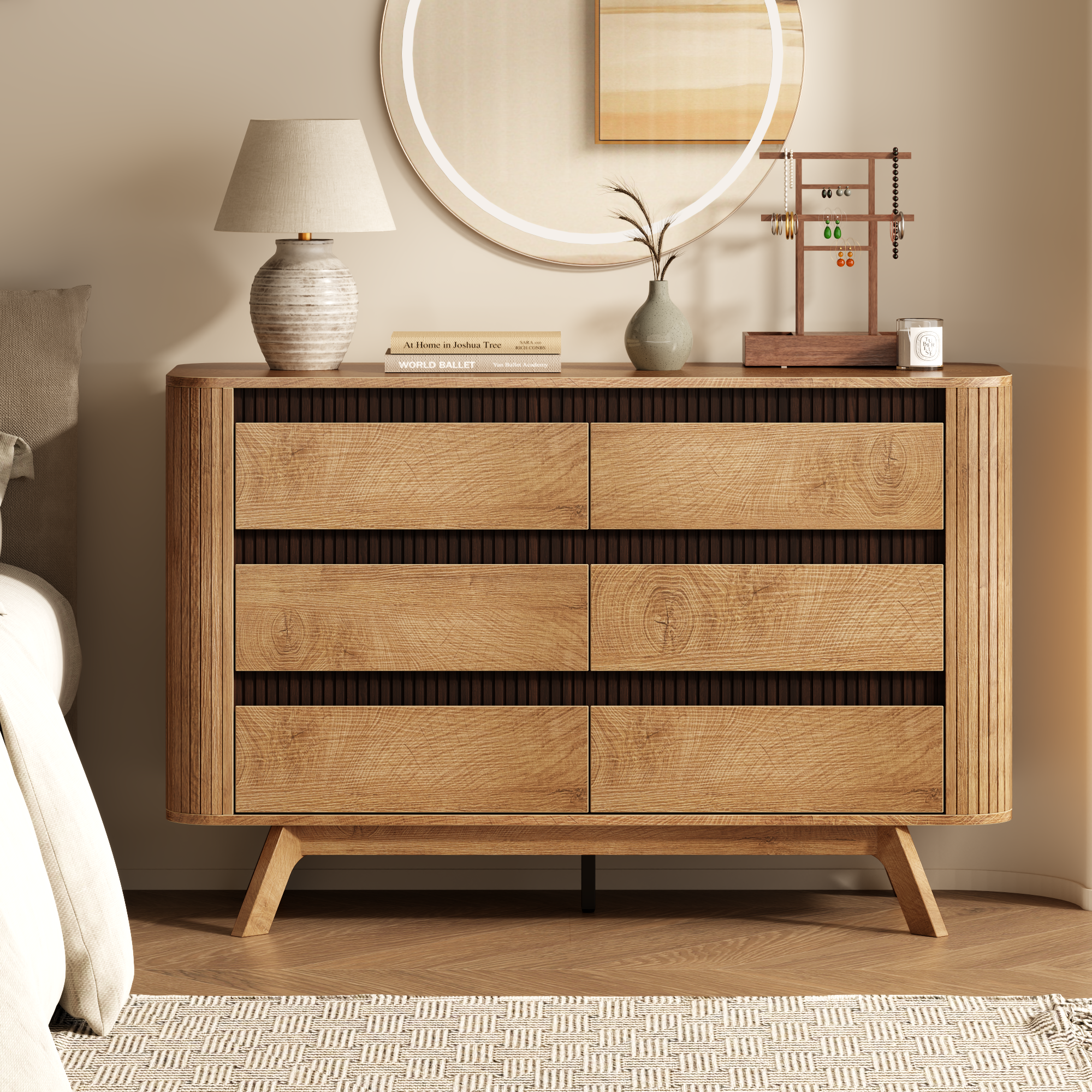 Qwatto 6 Drawer Dresser for Bedroom 47.2" Wide Fluted Chest of Drawers Modern Curved Design Clothes Storage Organizer Hallway Room Natural Oak Finish