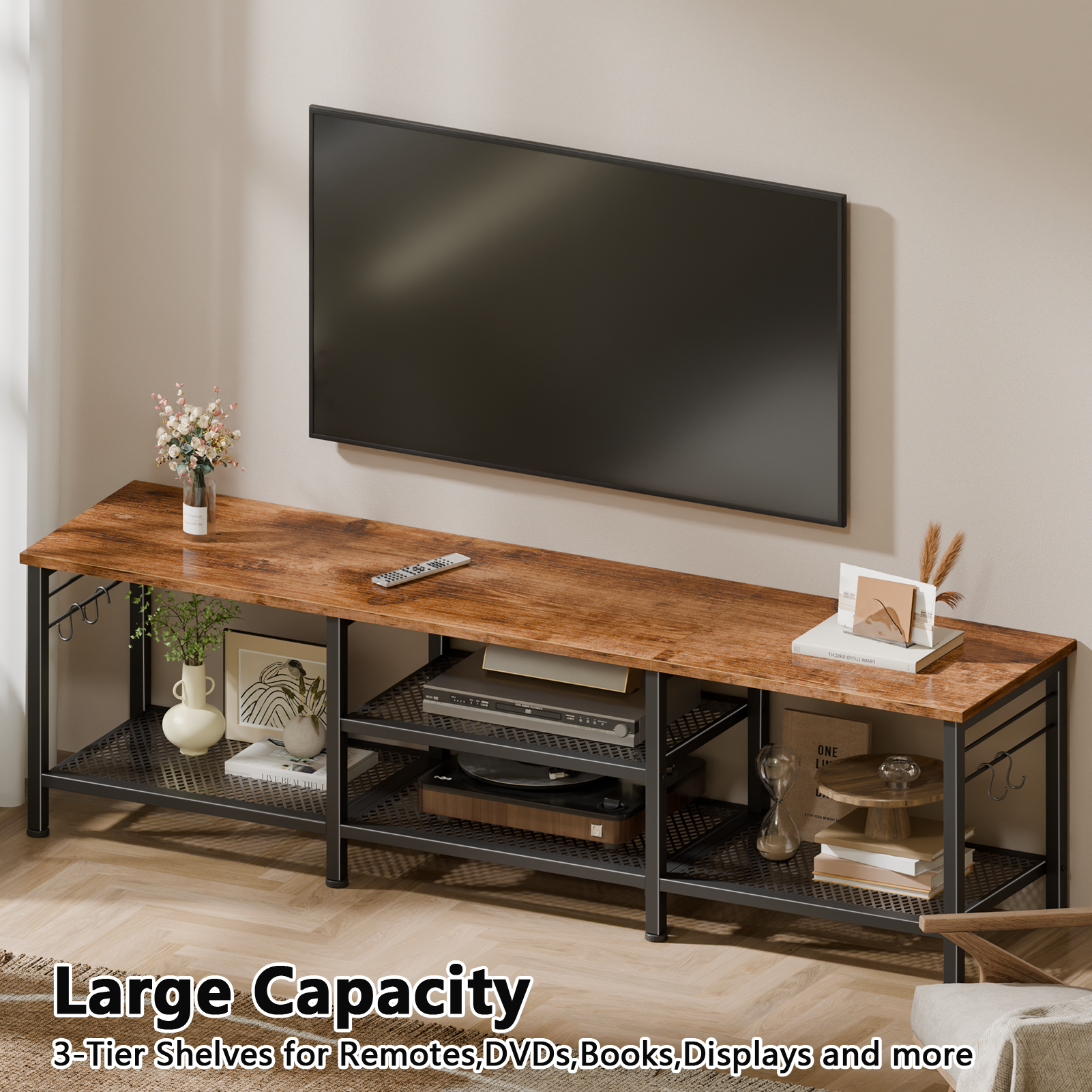 Qwatto 63 Inch Brown TV Stand for TVs up to 70 Inch Media Console Entertainment Center with Soundbar Shelf Open Storage Shelves Living Room Decor