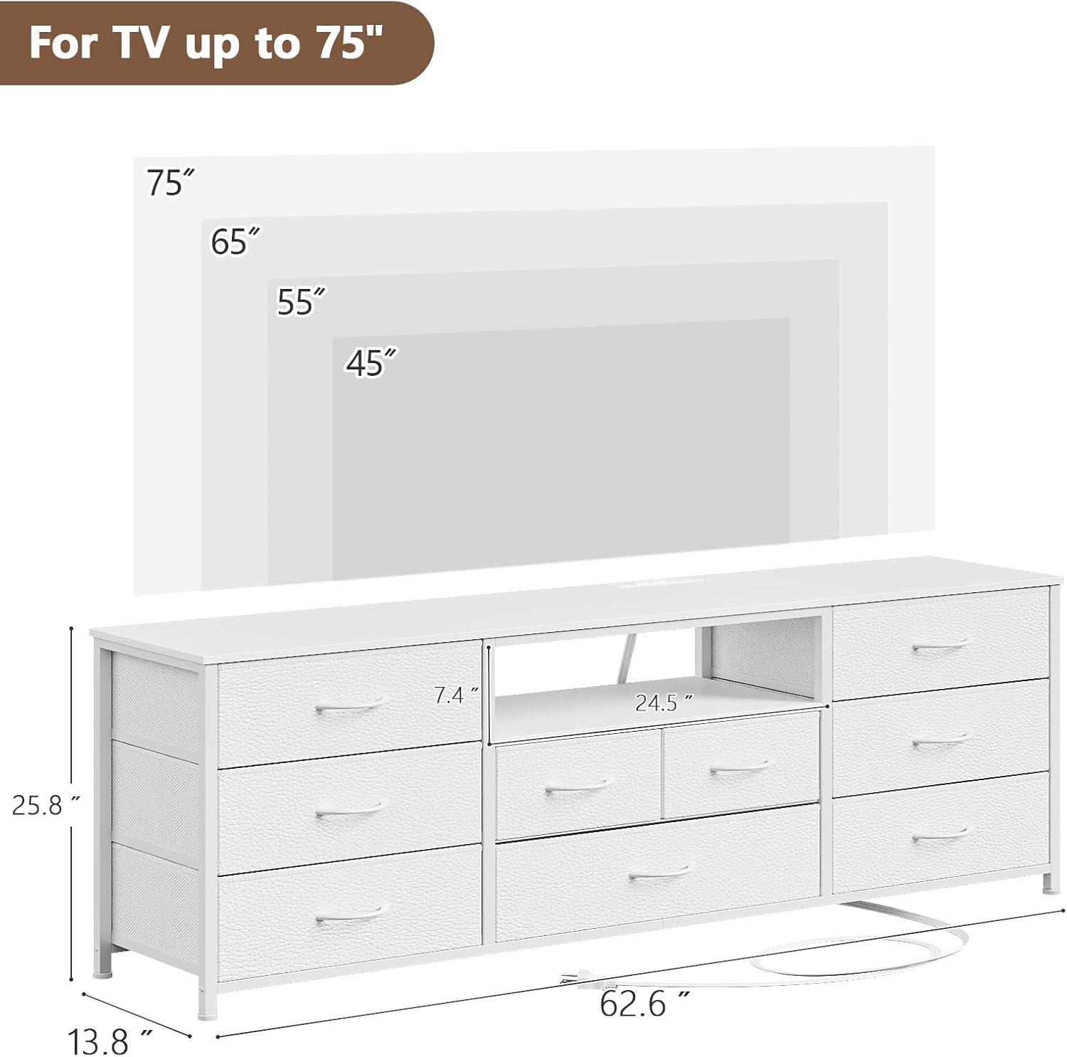 Furnulem 9 Drawer Dresser 63” Long TV Stand for Bedroom Entertainment Center with Power Outlet LED Light for 65"-75" TV White Dresser with Fabric