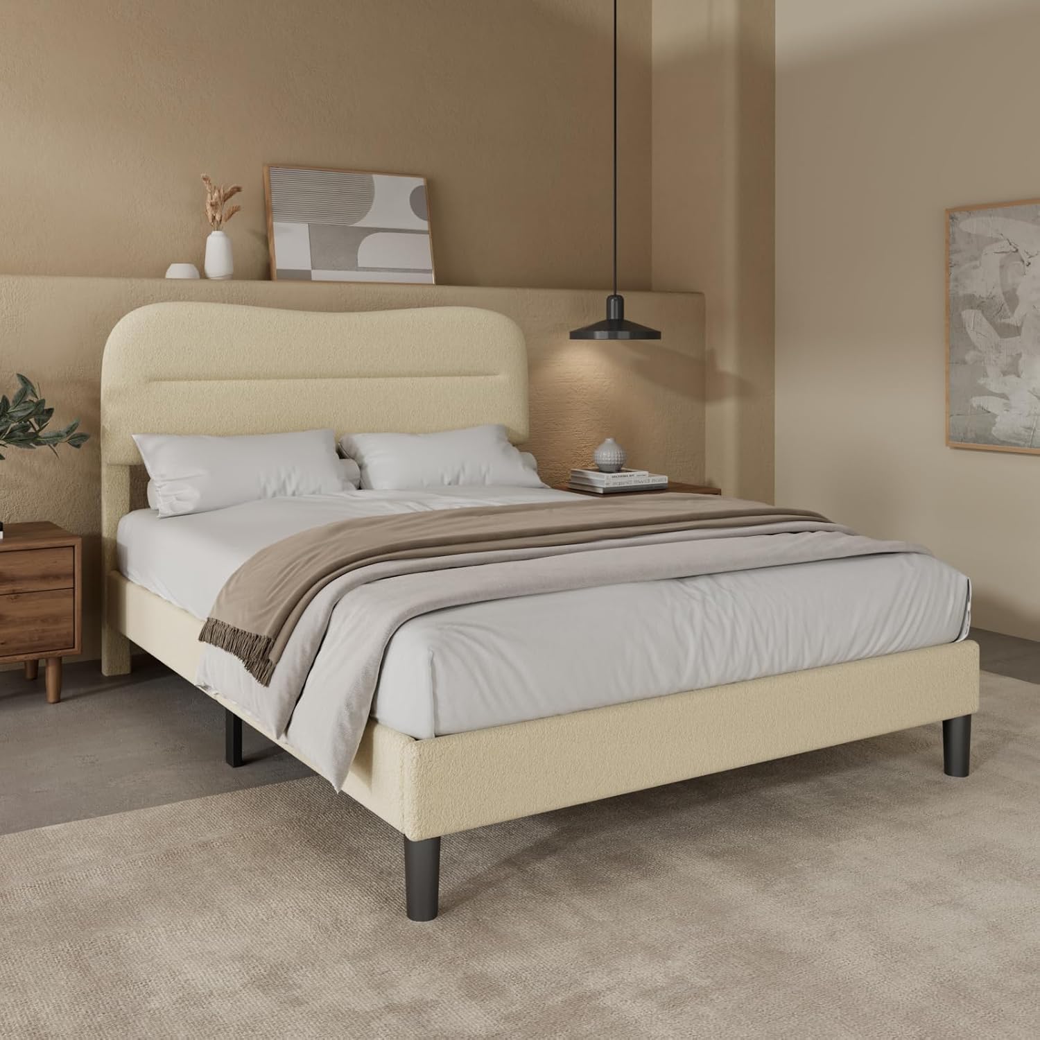 Full Size Bed Frames with Headboard Upholstered Bed Frame Teddy Soft Boucle Fabric bedframes Soft Cloud Marshmallow Shape Upholstered Headboard