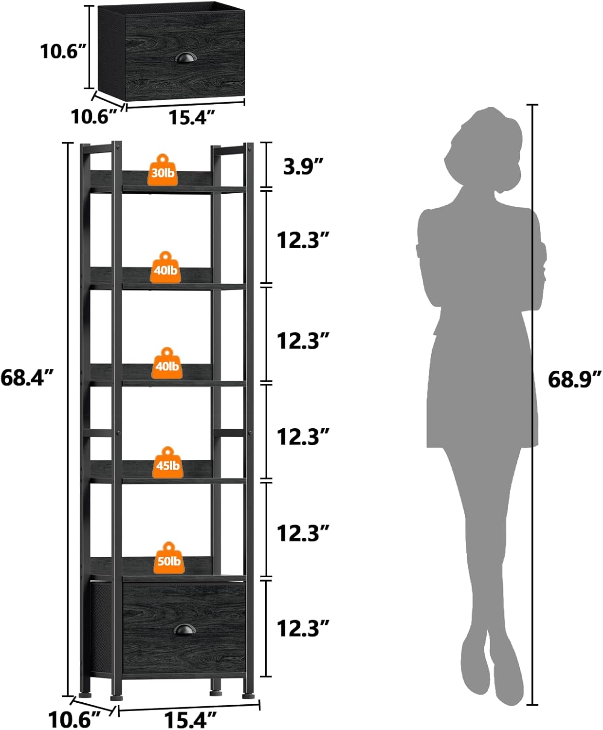 Qwatto Black 6 Tier Bookshelf with Drawer Tall Industrial Wood Metal Freestanding Storage Display Shelves Etagere Bookcase Organizer for Home Office