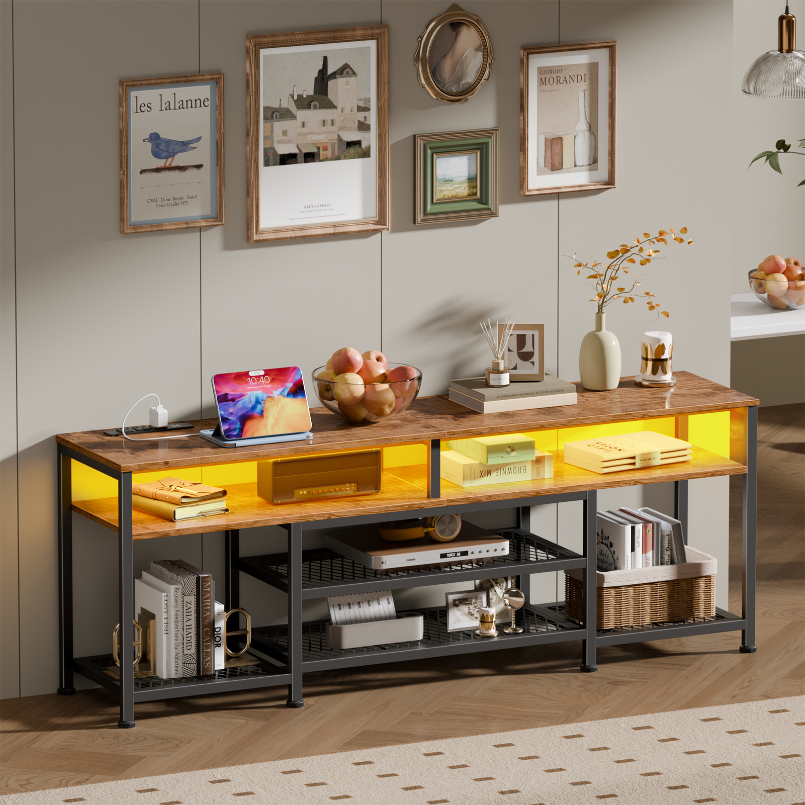 63 Inch Rustic Brown TV Stand with Charging Station LED Lights Entertainment Center for TVs up to 70 Inch Media Console Storage Shelves Living Room