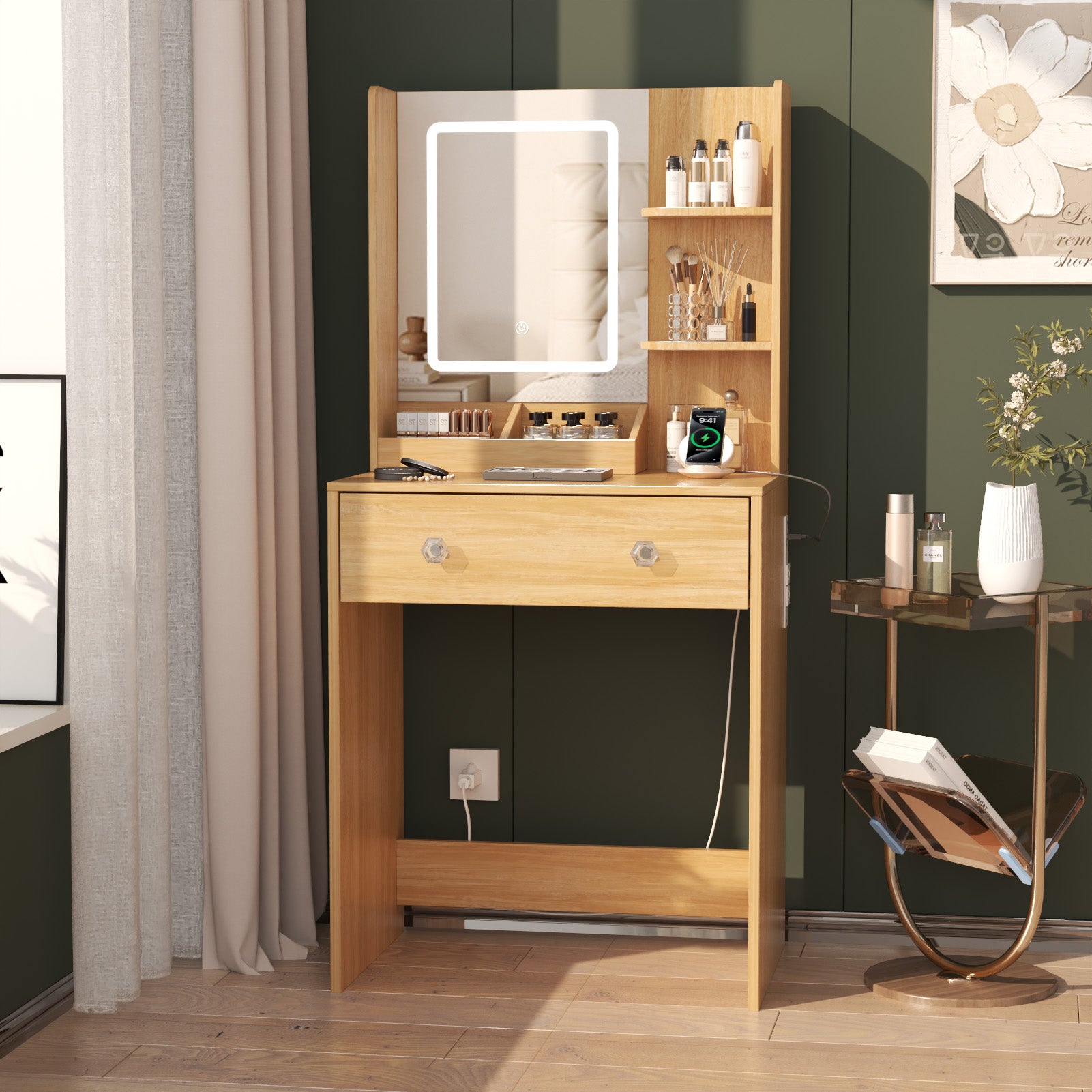 24" Modern Wood Vanity Desk with Lighted Mirror and Charging Station Small Makeup Dressing Table with 2 Drawers and 3 Storage Shelves for Bedroom