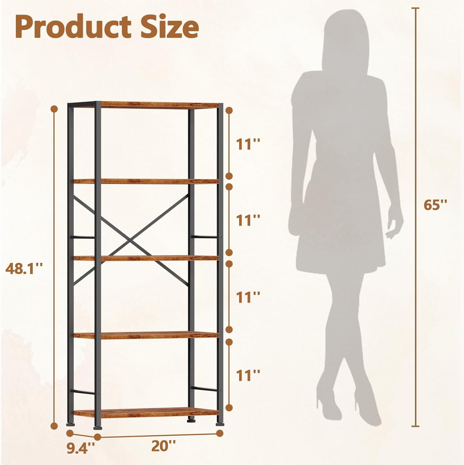 Qwatto Brown 5 Tier Tall Wide Bookshelf Wood Metal Industrial Open Display Shelving Unit Freestanding Etagere Bookcase Storage Organizer Living Room