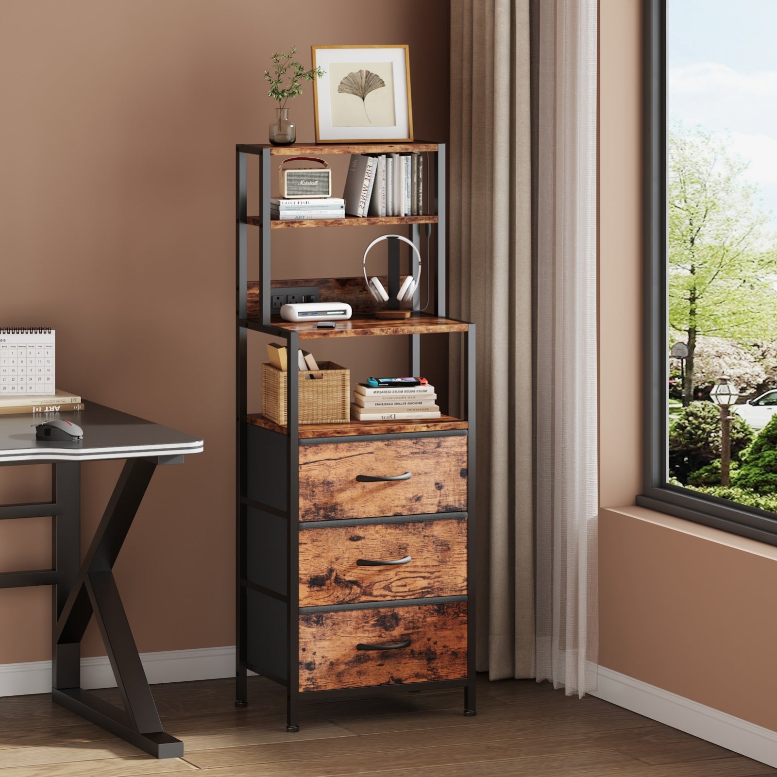 Furnulem Night Stand, Tall Nightstand with 4-Tier Shelves and 3 Fabric Drawers