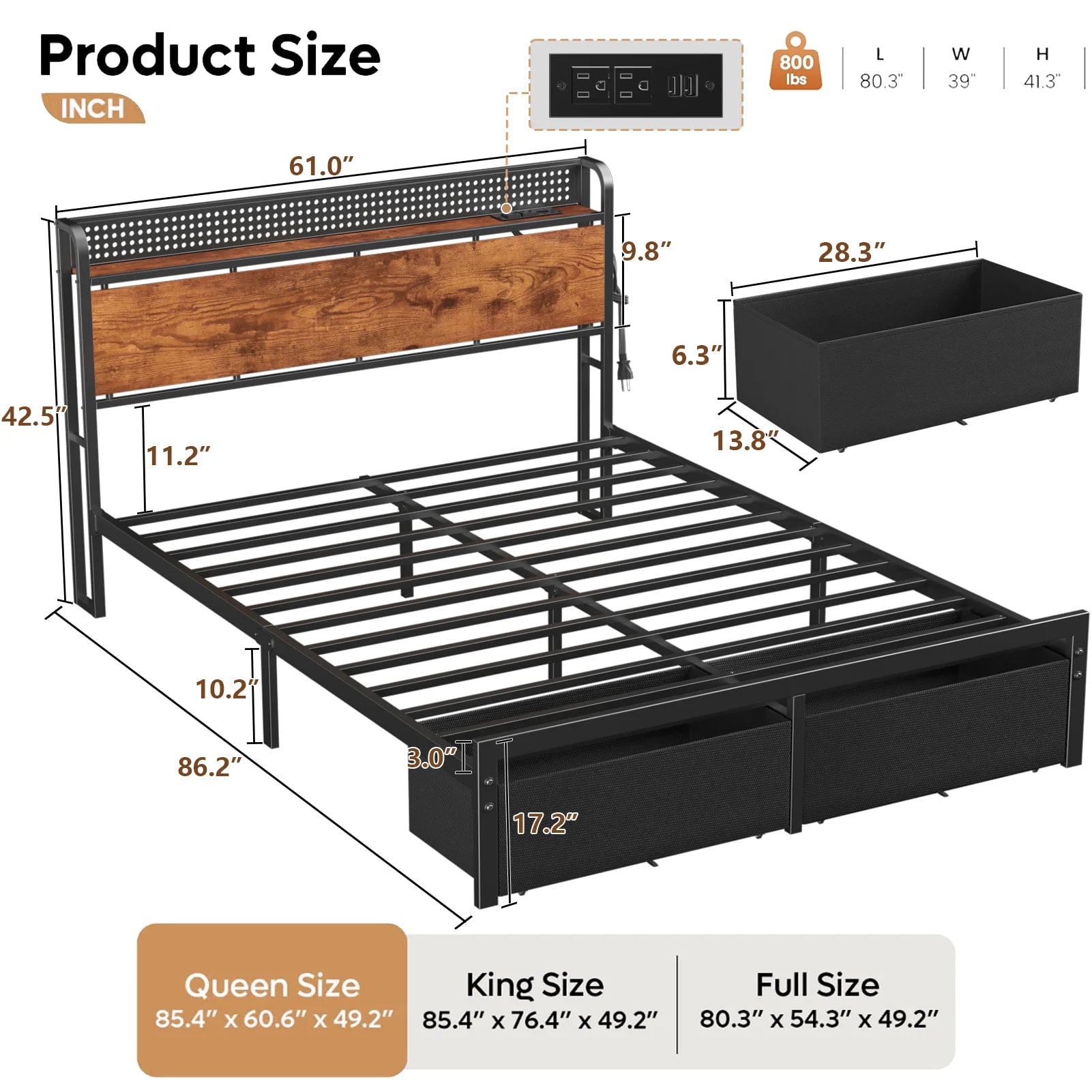 Bed Frame with 2 Drawers & Storage Headboard, Platform Metal Bed with Charging Station, No Box Spring Needed