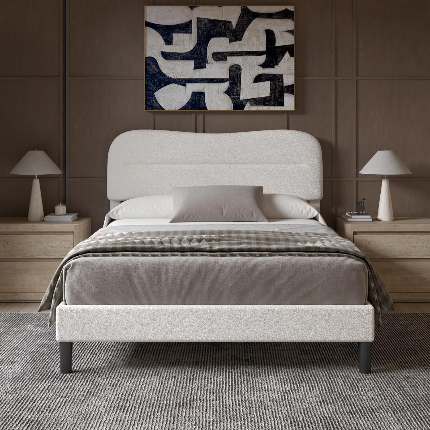 Full Size Bed Frame with Headboard, Teddy Soft Boucle Fabric Bed Frame Full Soft Cloud Marshmallow Shape Upholstered Headboard No Box Spring Needed