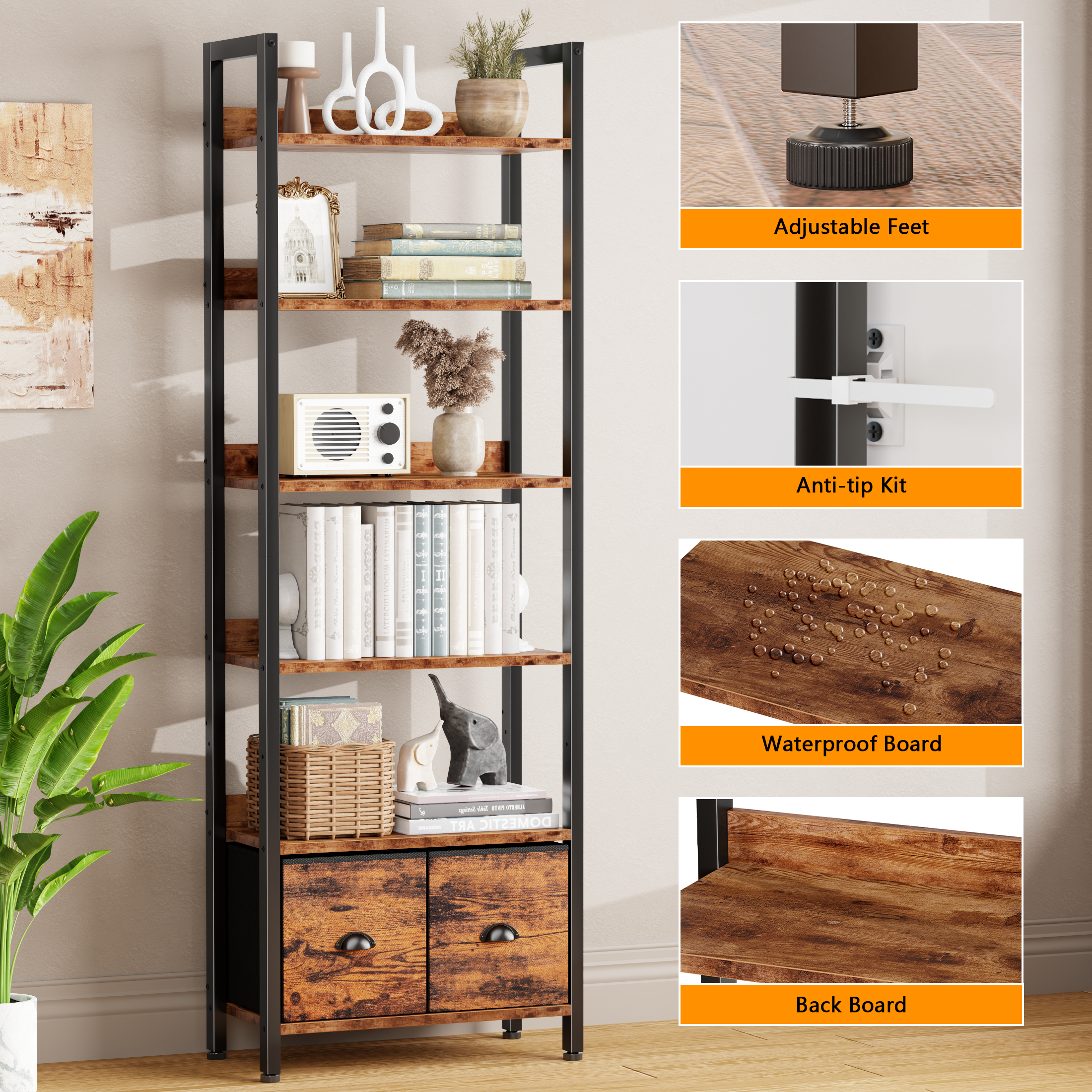 6 Tier 71 Inch Tall Rustic Bookcase with Two Drawers Storage Organizer Industrial Wood Metal Freestanding Bookshelf Home Office Bedroom Rustic Brown