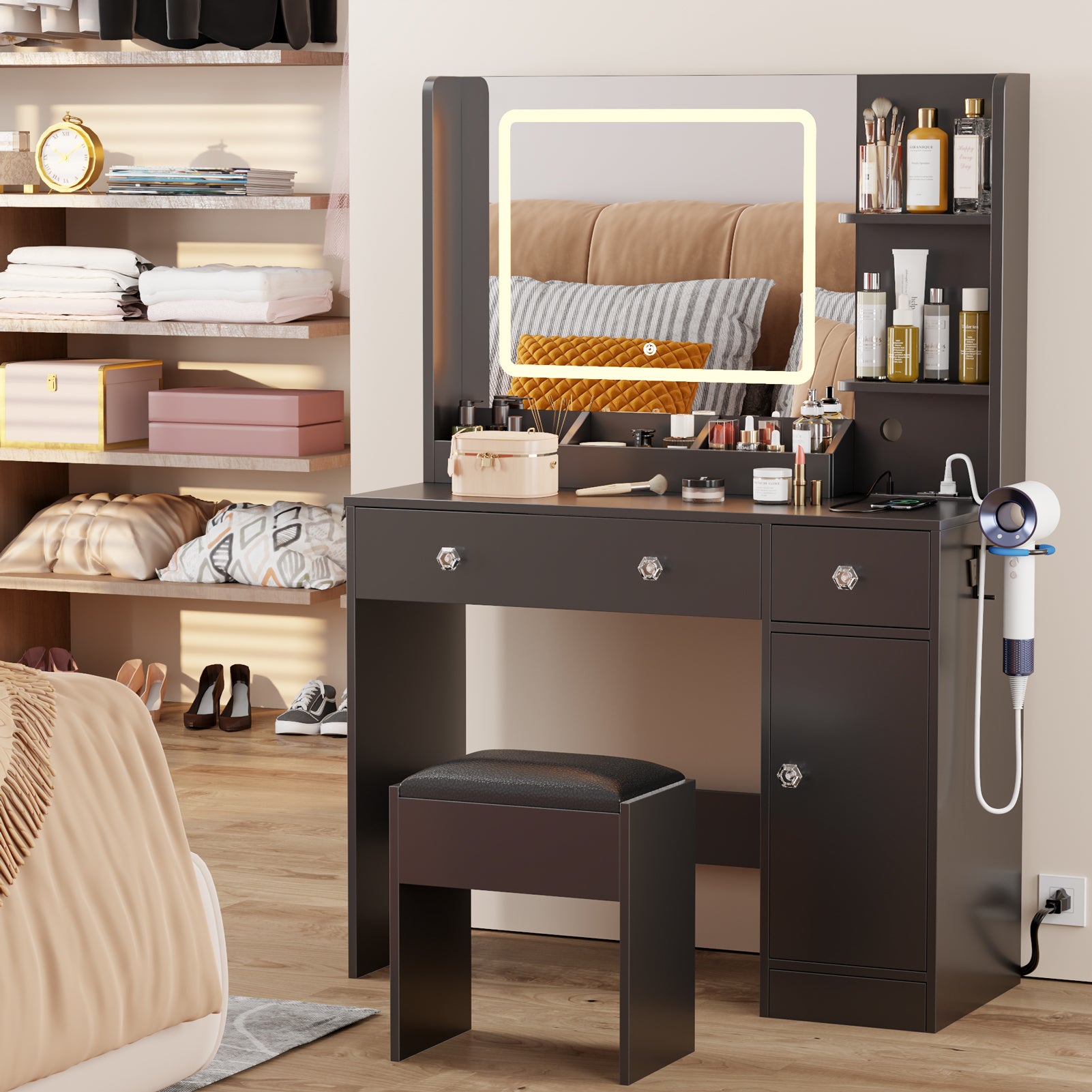 Makeup Vanity Desk with Mirror and Lights Set Black Dressing Table with Power Outlet Charging Station 3 Color Lighted Mirror Drawers Storage Cabinet