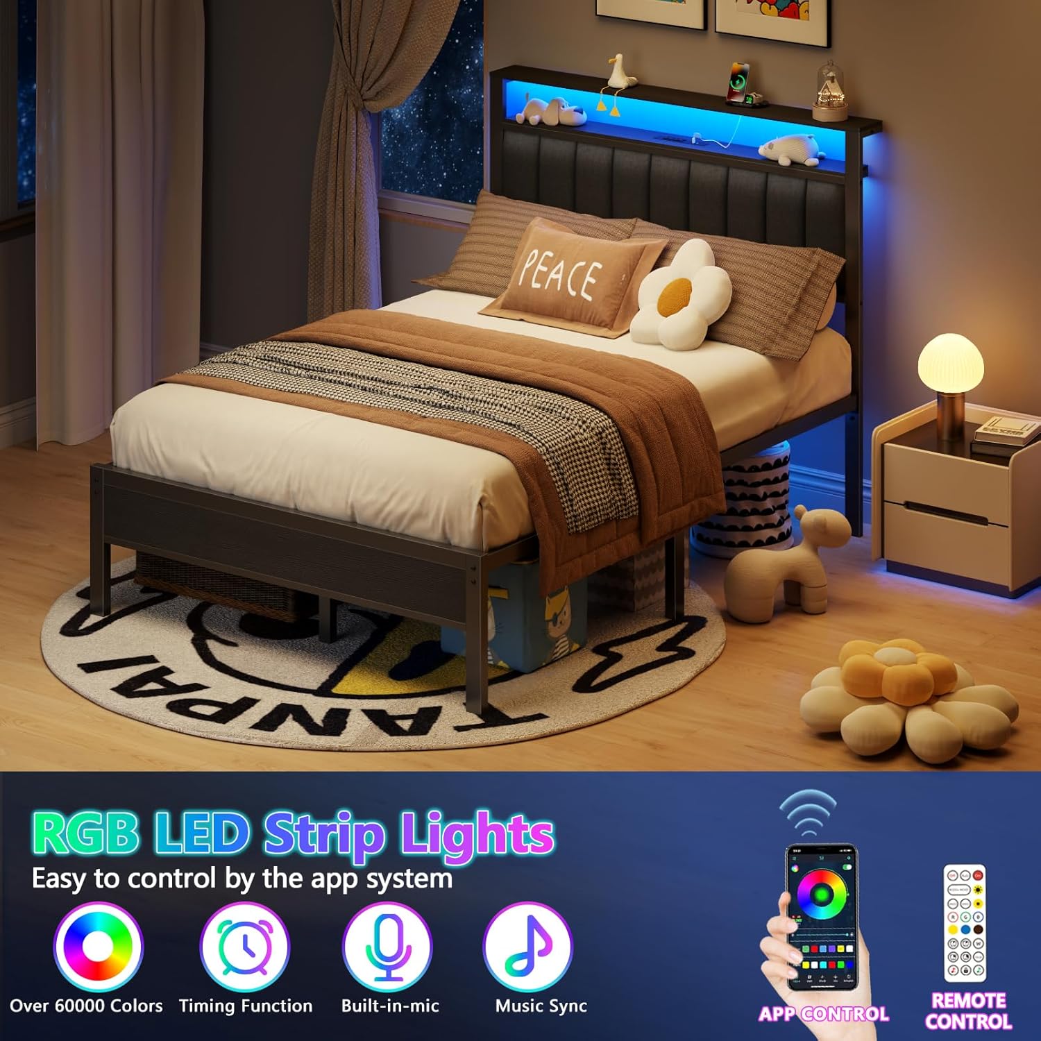 Furnulem Full Size Bed Frame with Charging Station and LED Lights Platform Bed with Metal Slats Grey Upholstered Headboard with 2-Tier Storage Shelves No Box Spring Needed