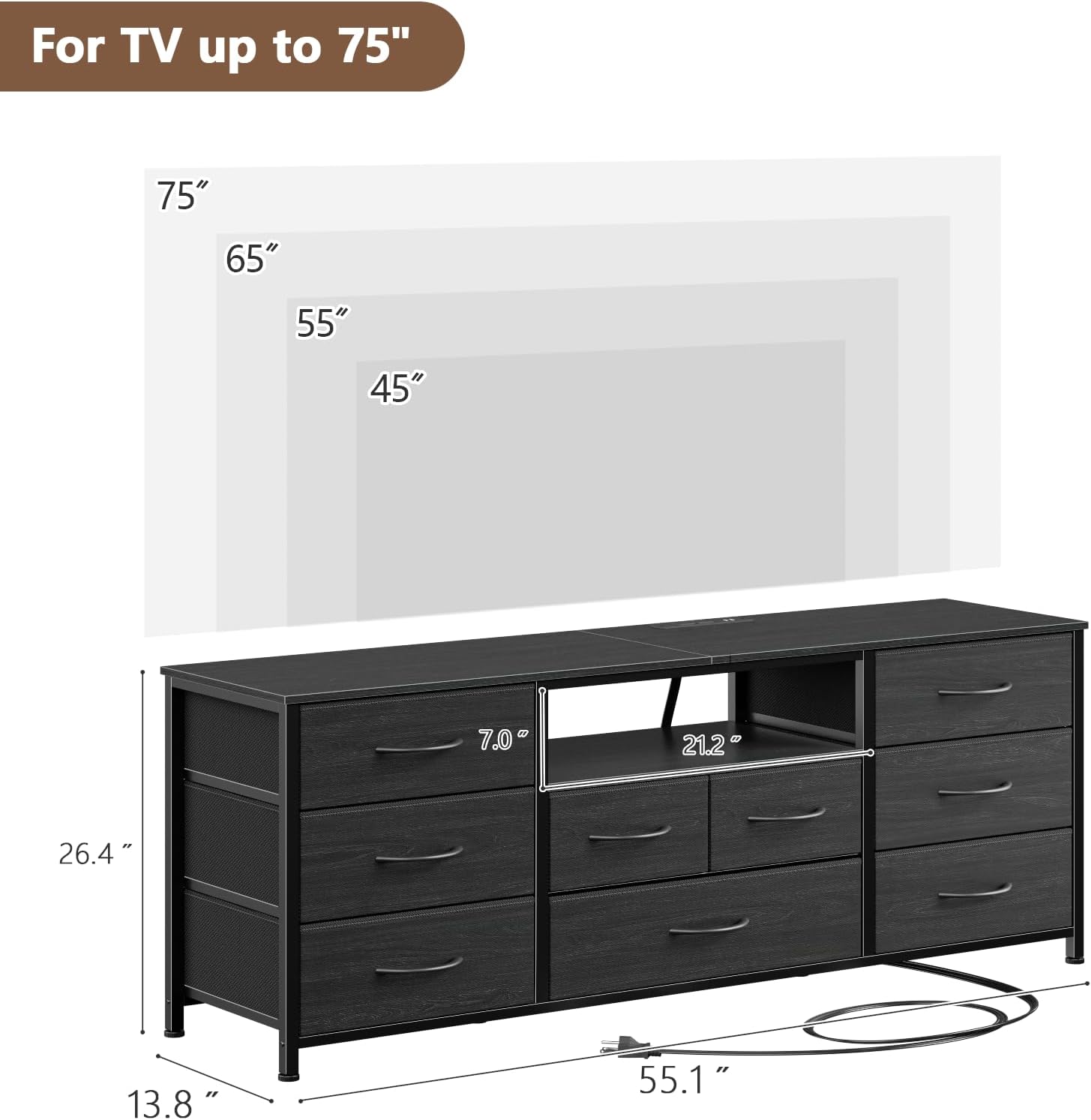 Furnulem 9 Drawer Dresser 55” Long TV Stand for Bedroom Entertainment Center with Power Outlet LED Light for 55"-65" TV Dresser with Fabric Storage