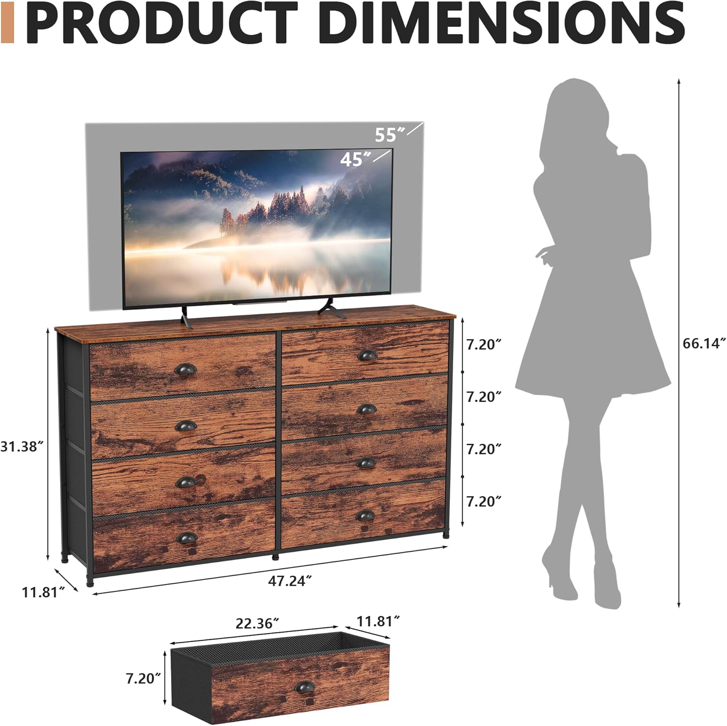 Furnulem Long Dresser for Bedroom TV Stand for 55'' TV Wide Storage Drawer Unit with 8 Fabric Bins Double Dresser for Bedroom Office Closet Entryway