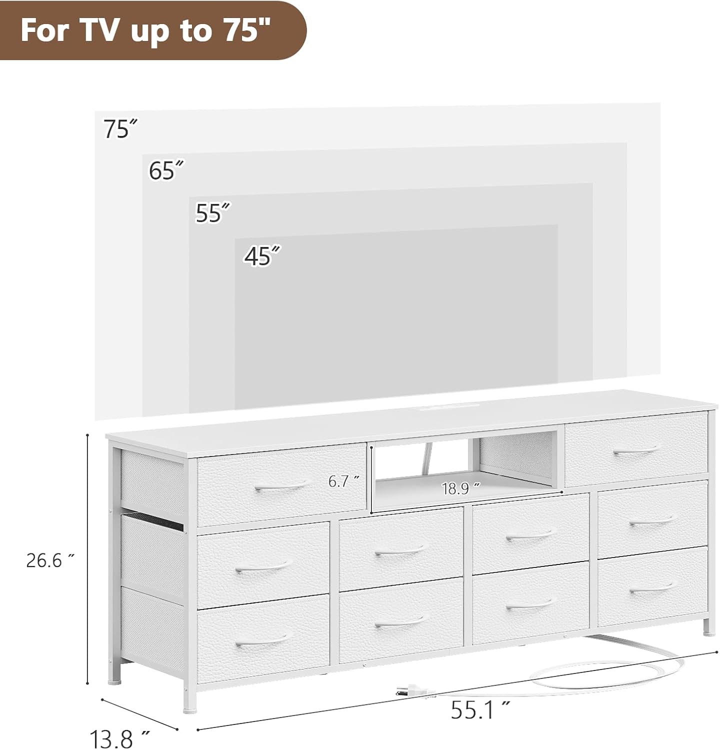 Furnulem 55” Long Dresser for Bedroom TV Stand for 55” to 65” TV White Dresser with 10 Fabric Drawers Entertainment Center with Power Outlet LED Light