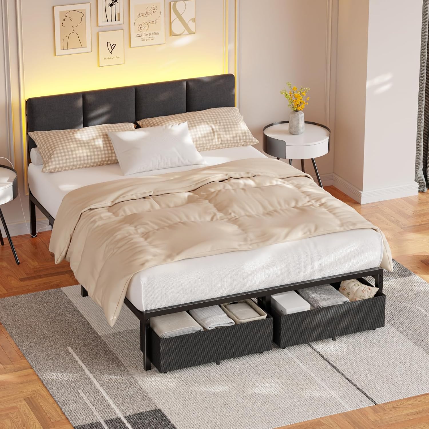 Furnulem Bed Frame with LED Headboard, Charging Station & Storage Drawers