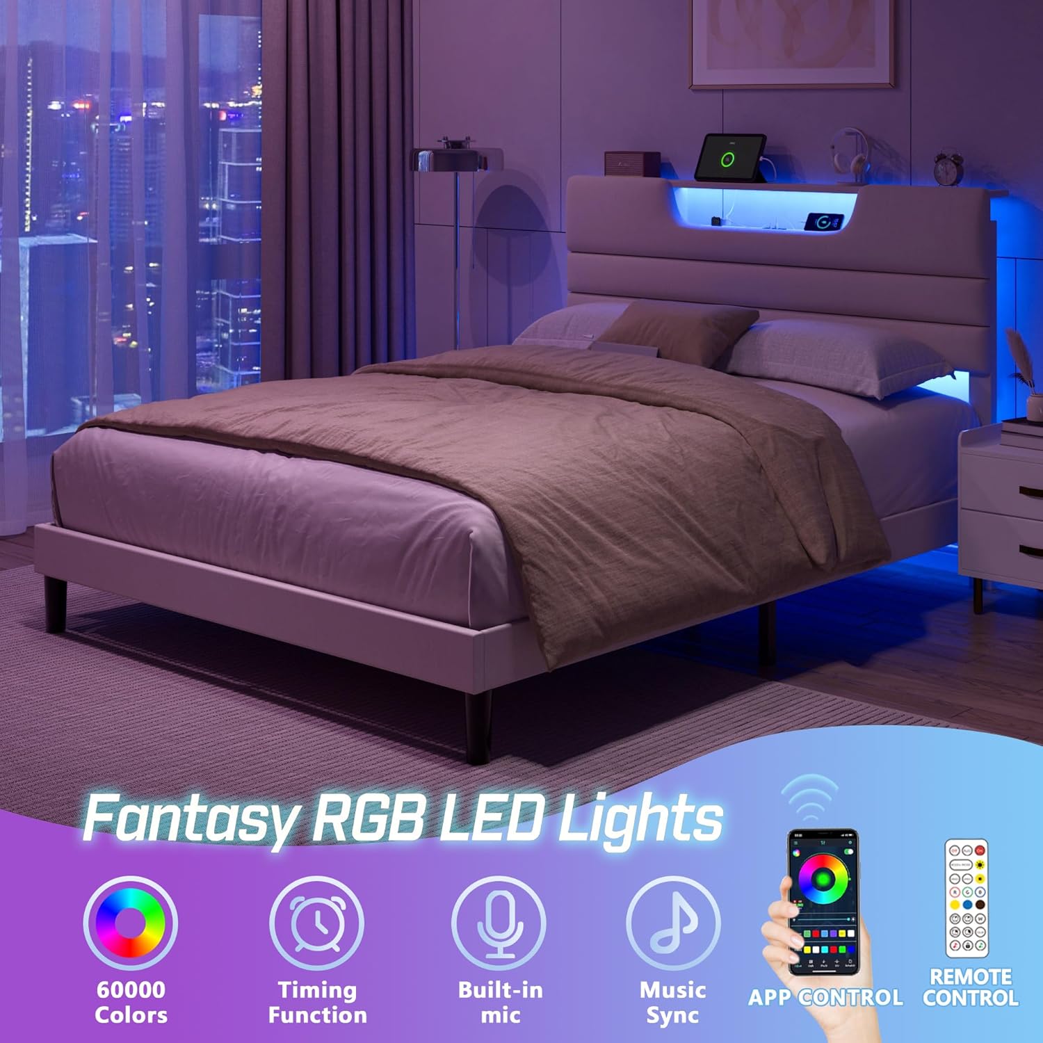 Queen Size Bed Frames with Upholstered Headboard Modern Platform Bed with Bed Frame with Sturdy Wooden Slats/No Box Spring Needed/2-Tier Storage Beige