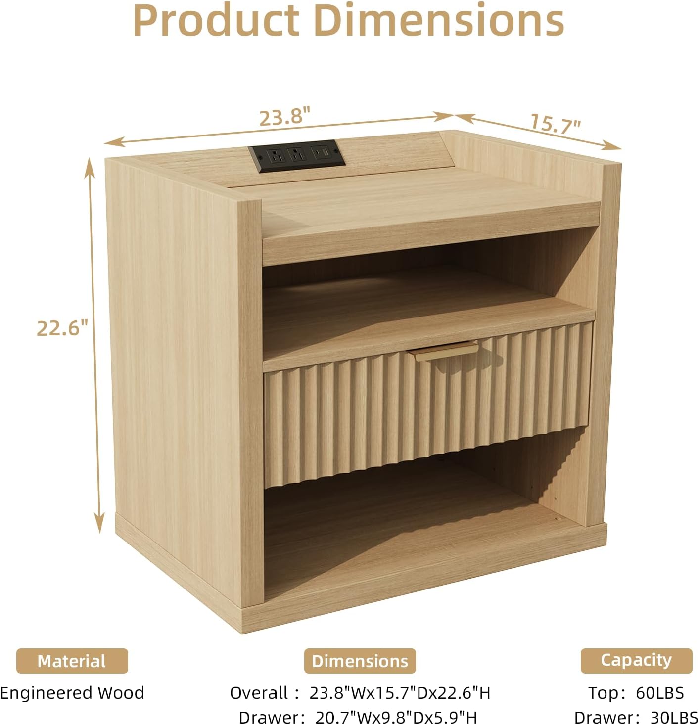 Furnulem Large recessed bedside table with charging station wooden bedside table with drawer modern style bedside table 1 drawer