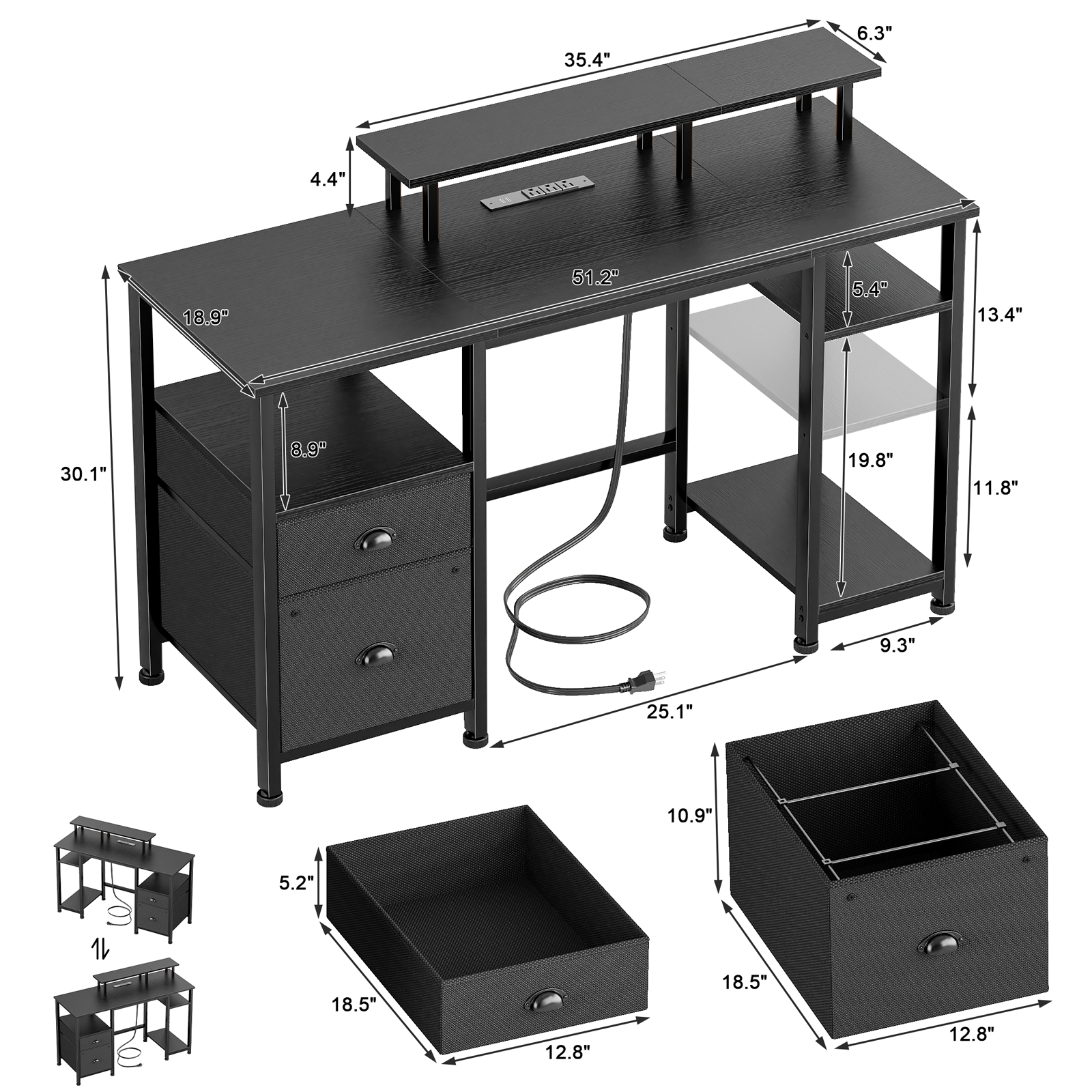 51 Inch Black Reversible Computer Gaming Desk with Monitor Stand File Cabinet Storage Shelves LED Power Outlets for Home Office PC Workstation Table