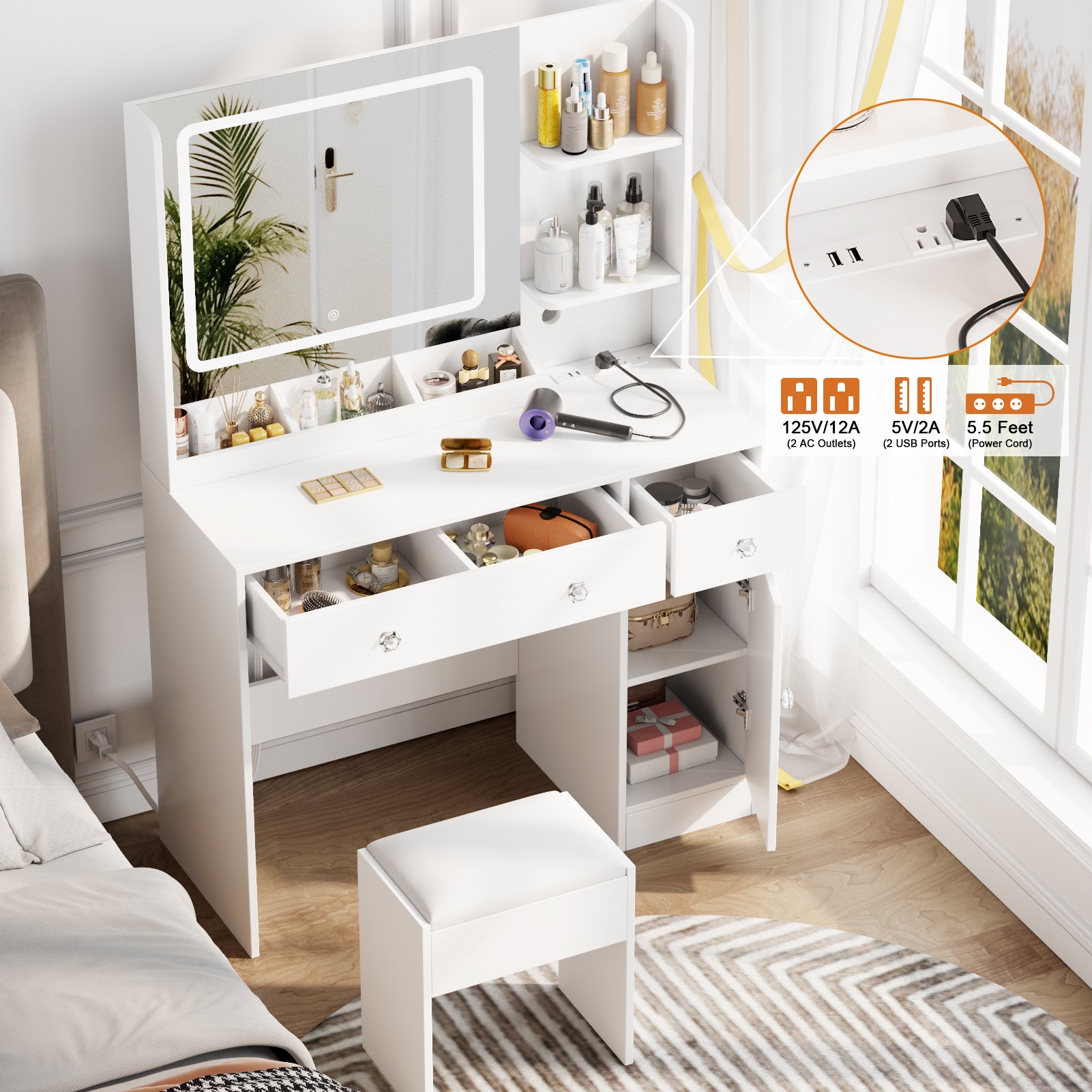 White Makeup Vanity Desk with Mirror and Lights Vanity Set with Stool 3 Color Lighted Mirror Dressing Table with Power Outlet and Drawers Cabinet