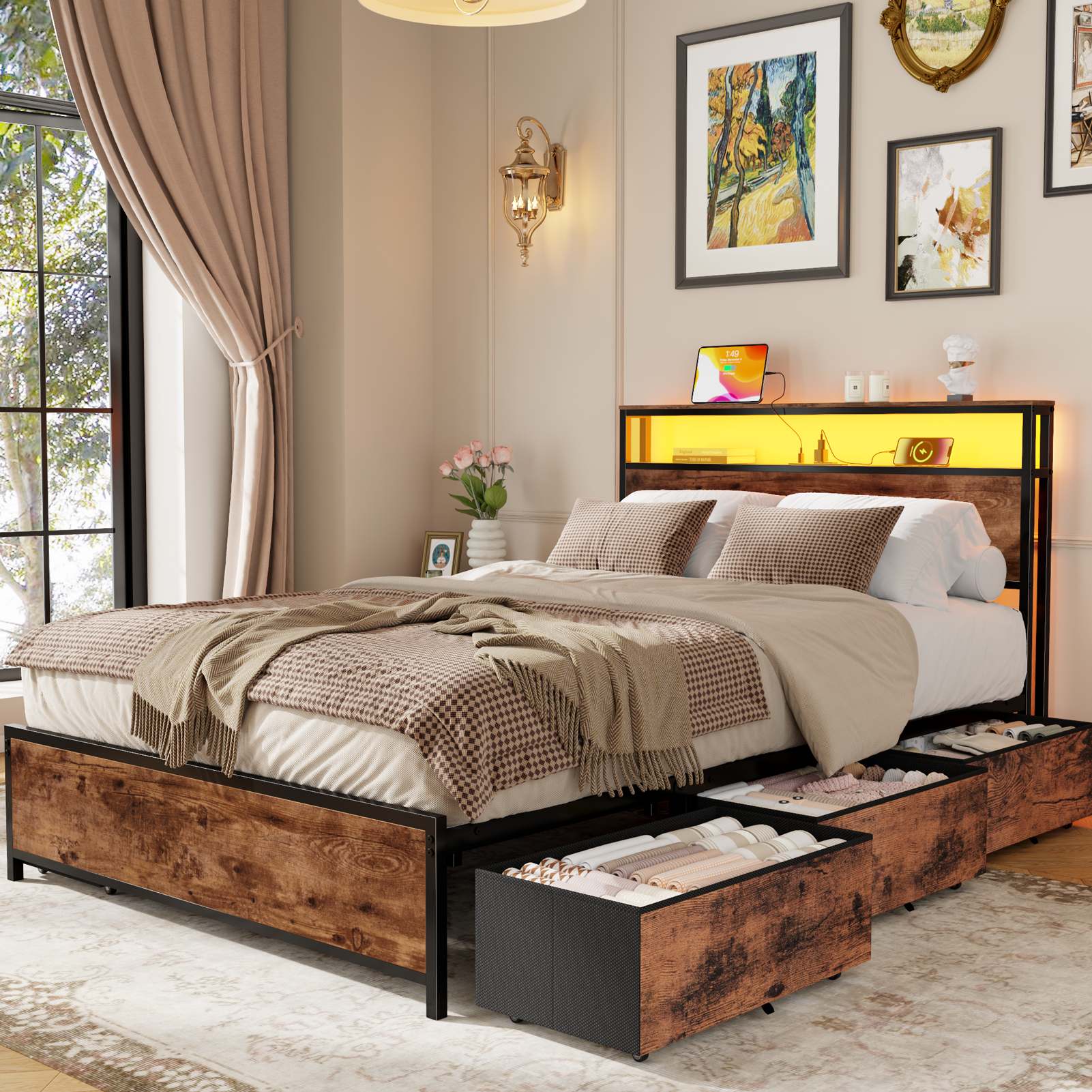 Industrial Full Size Bed Frame 6 Storage Drawers LED Lights Charging Station 2 Tier Shelf Headboard Heavy Duty Metal No Box Spring Needed