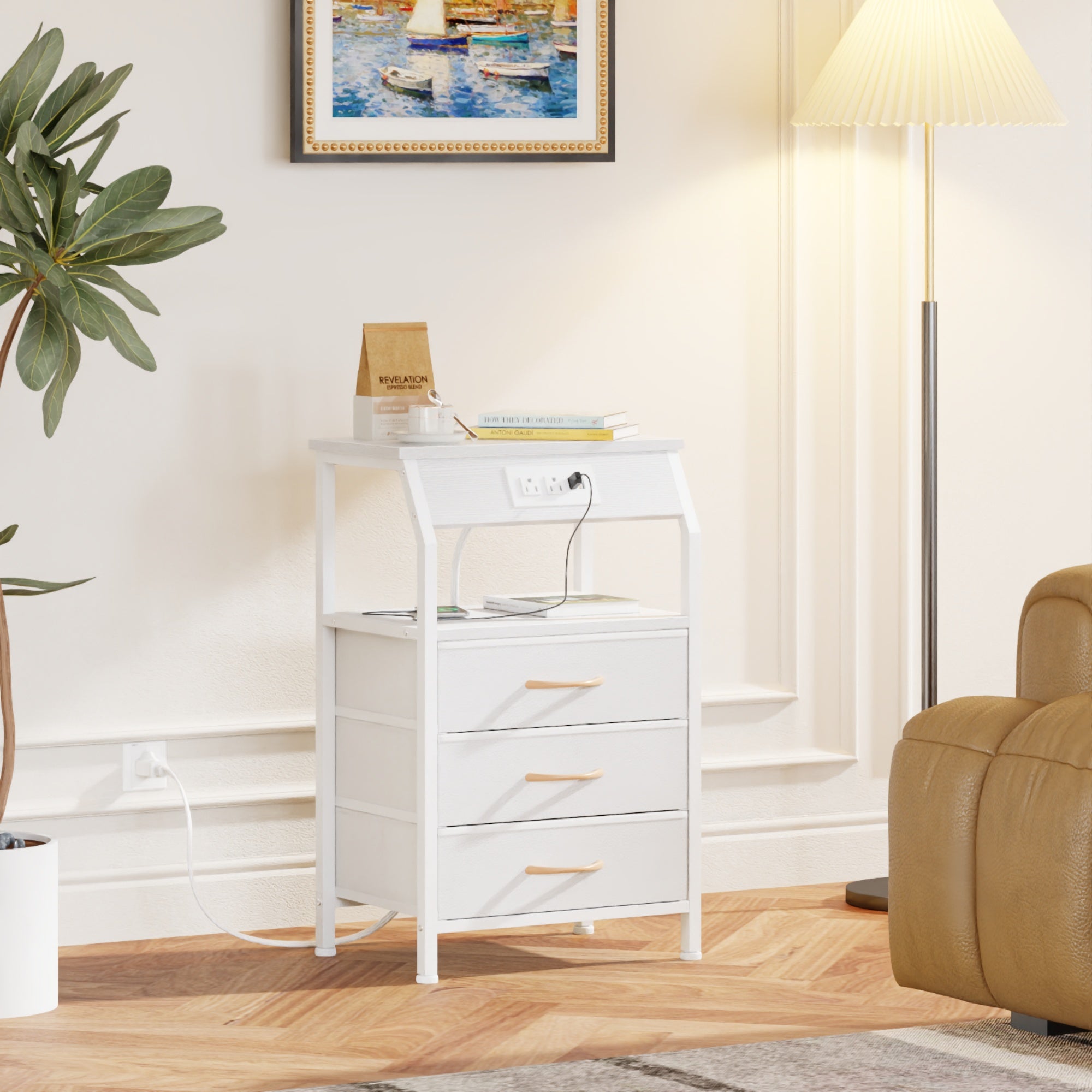 Furnulem Nightstands with 3/4/5 Drawers & Outlets, Bedside Tables with 2 USB Ports & 2-Tier Open Shelf