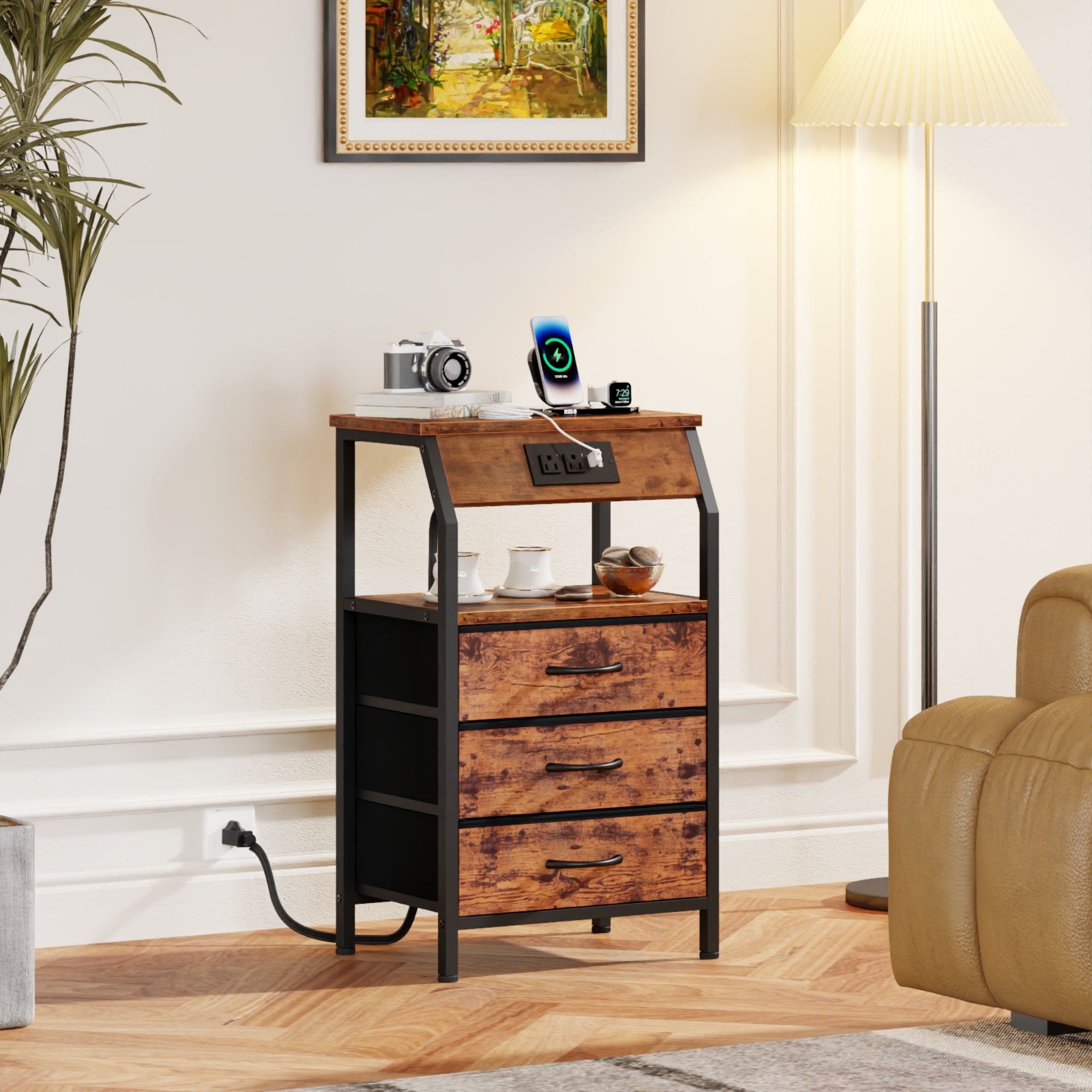 Furnulem Nightstands with 3/4/5 Drawers & Outlets, Bedside Tables with 2 USB Ports & 2-Tier Open Shelf