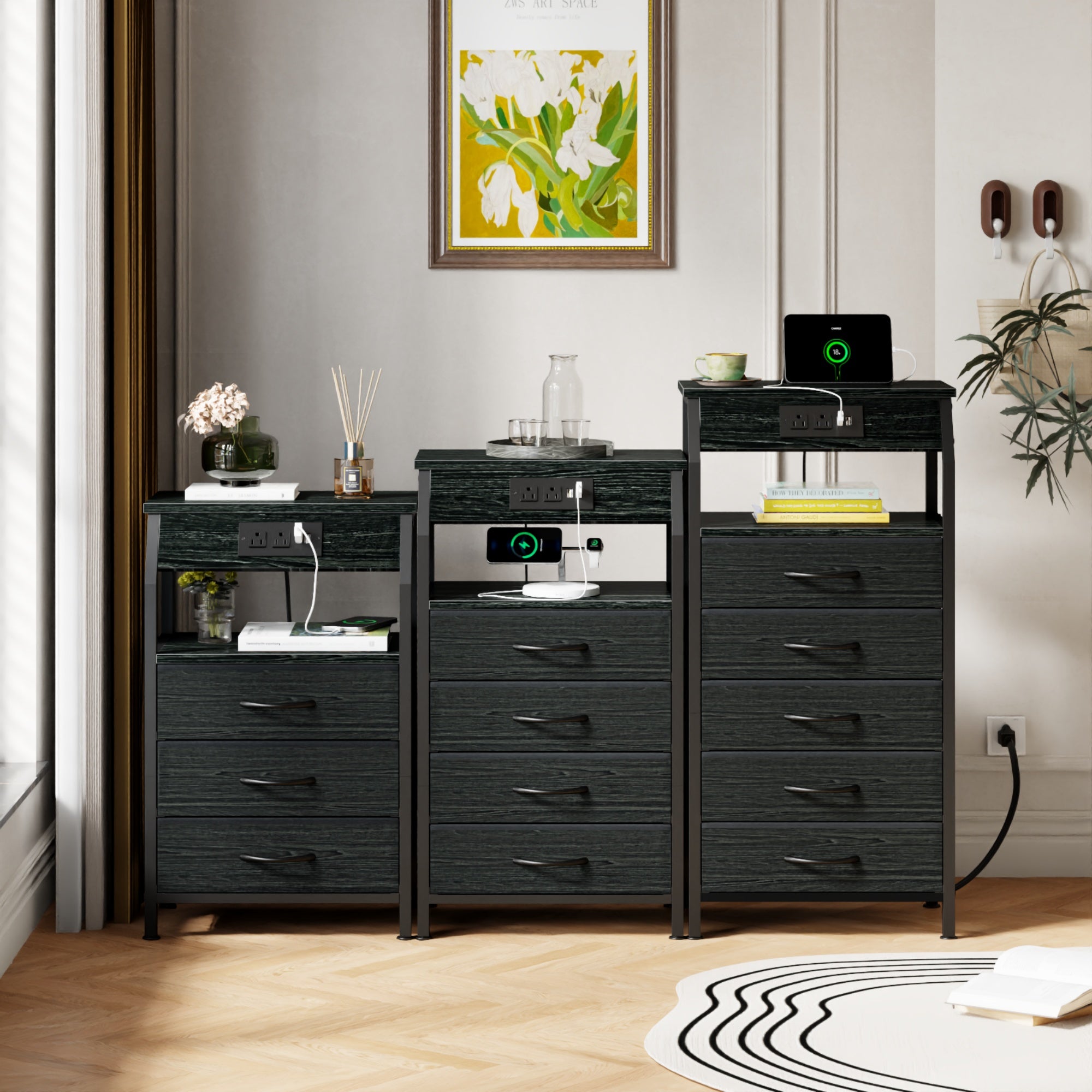 Furnulem Nightstand with Charging Station and Multi Fabric Drawers