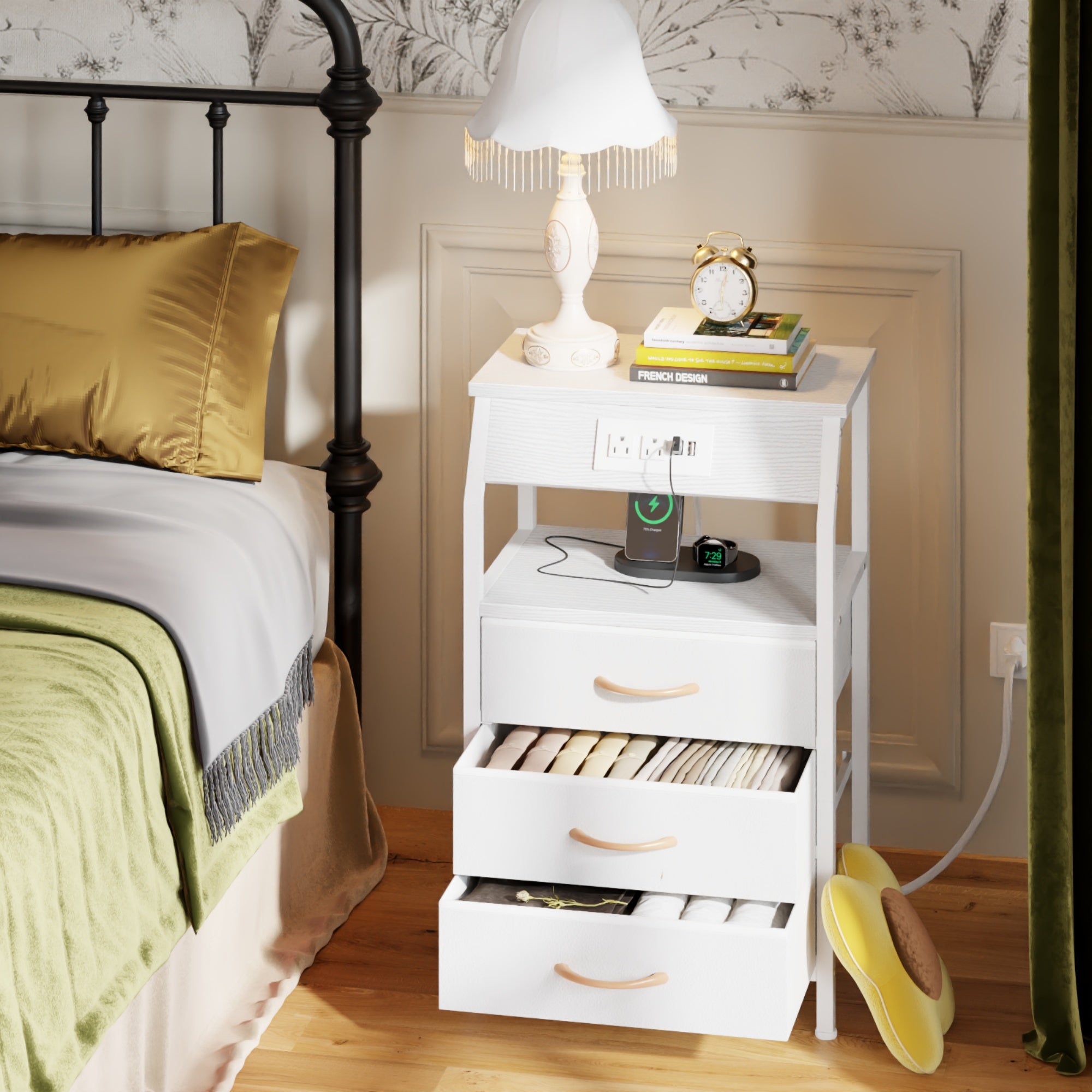 Furnulem Nightstands with 3/4/5 Drawers & Outlets, Bedside Tables with 2 USB Ports & 2-Tier Open Shelf