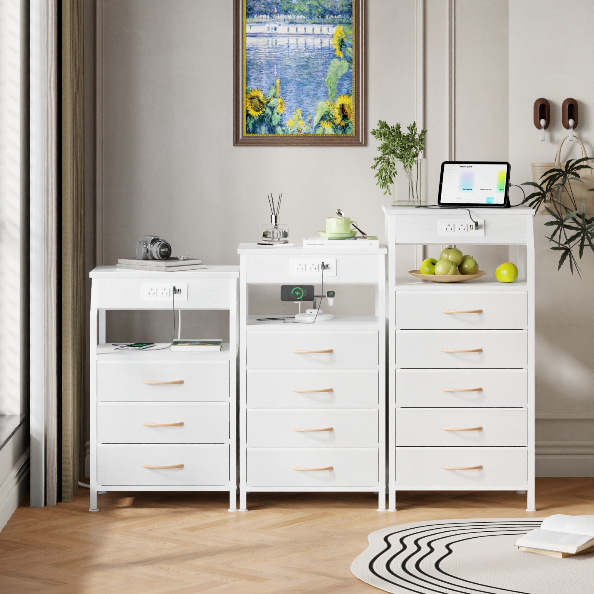 Furnulem Nightstand with Charging Station and Multi Fabric Drawers