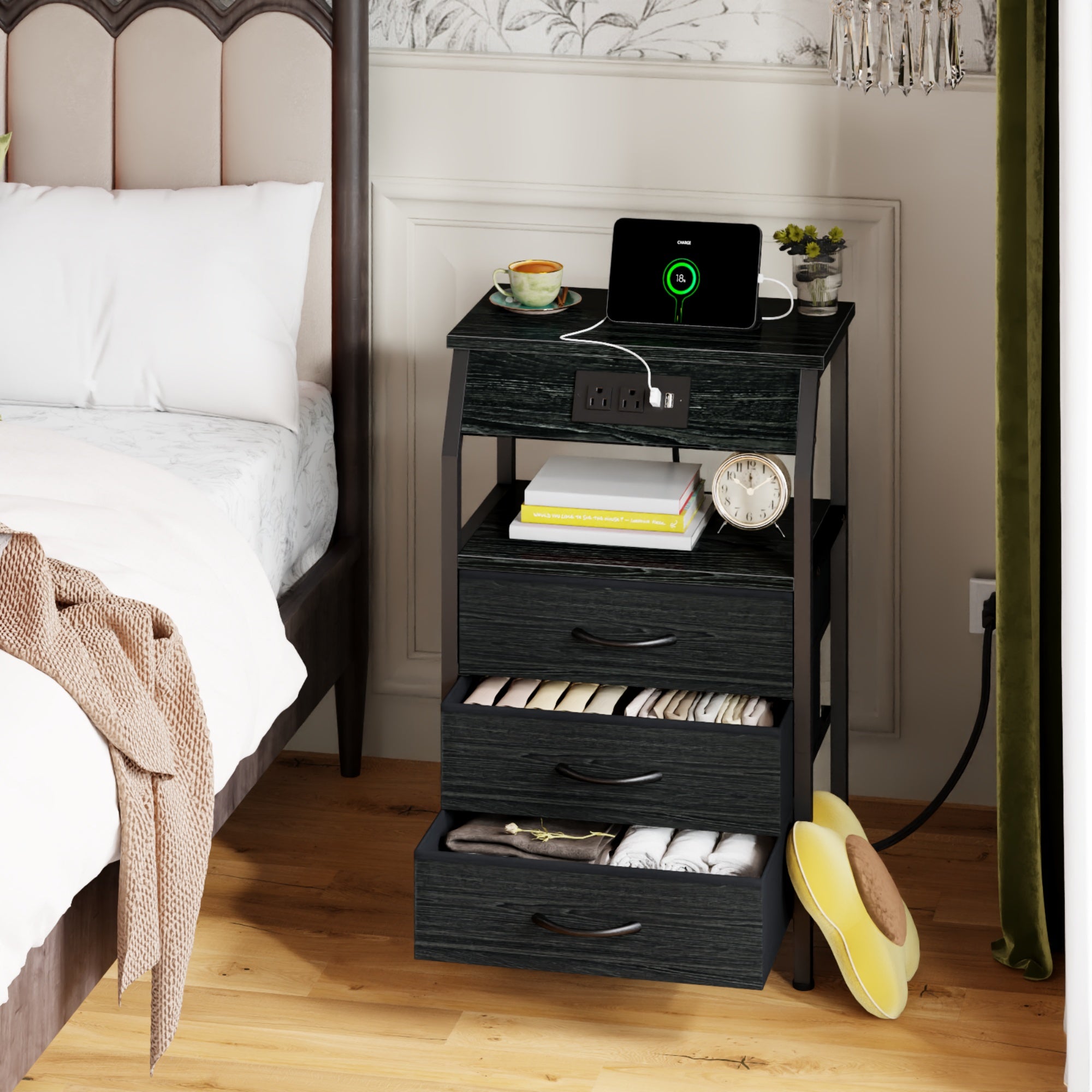 Furnulem Nightstands with 3/4/5 Drawers & Outlets, Bedside Tables with 2 USB Ports & 2-Tier Open Shelf