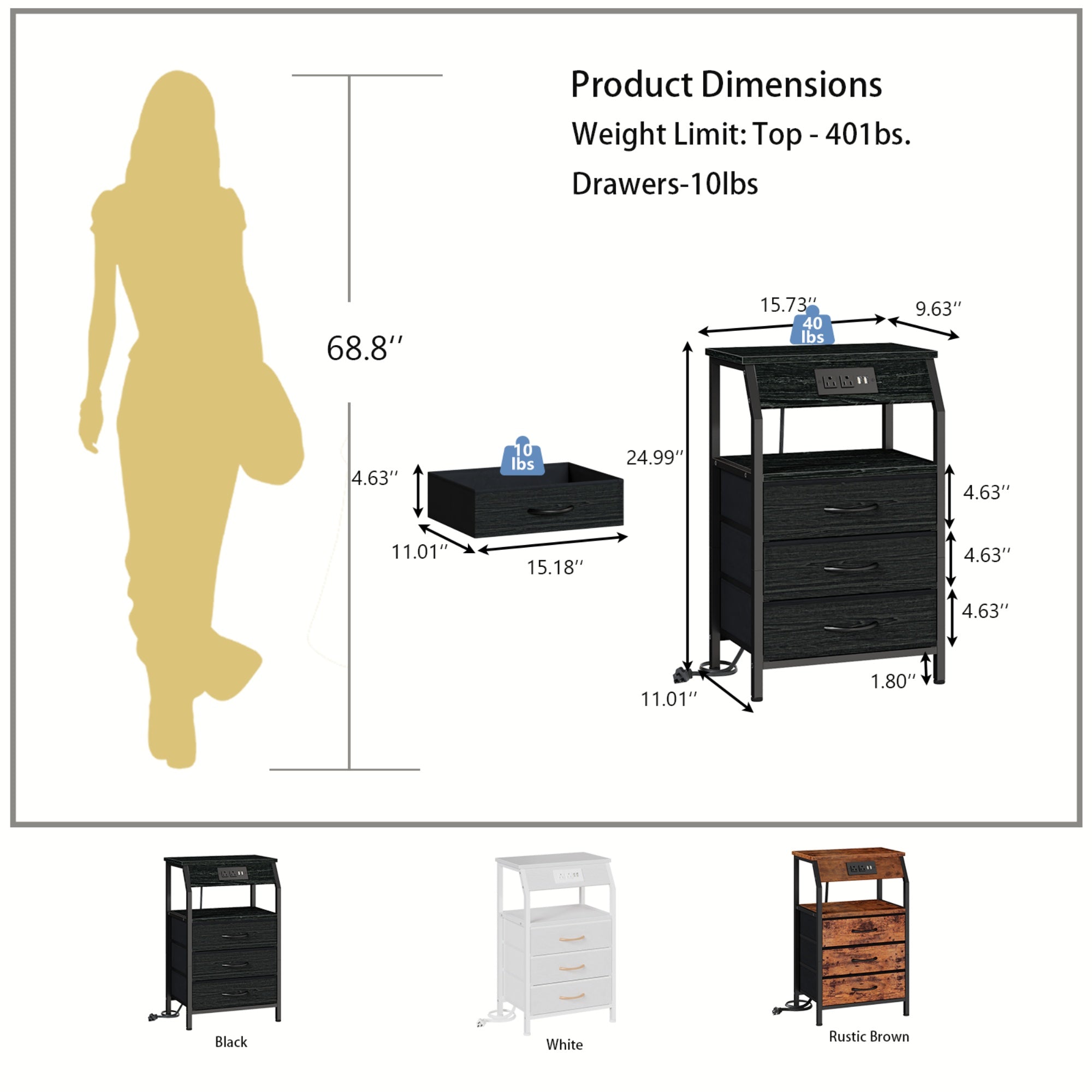 Furnulem Nightstands with 3/4/5 Drawers & Outlets, Bedside Tables with 2 USB Ports & 2-Tier Open Shelf