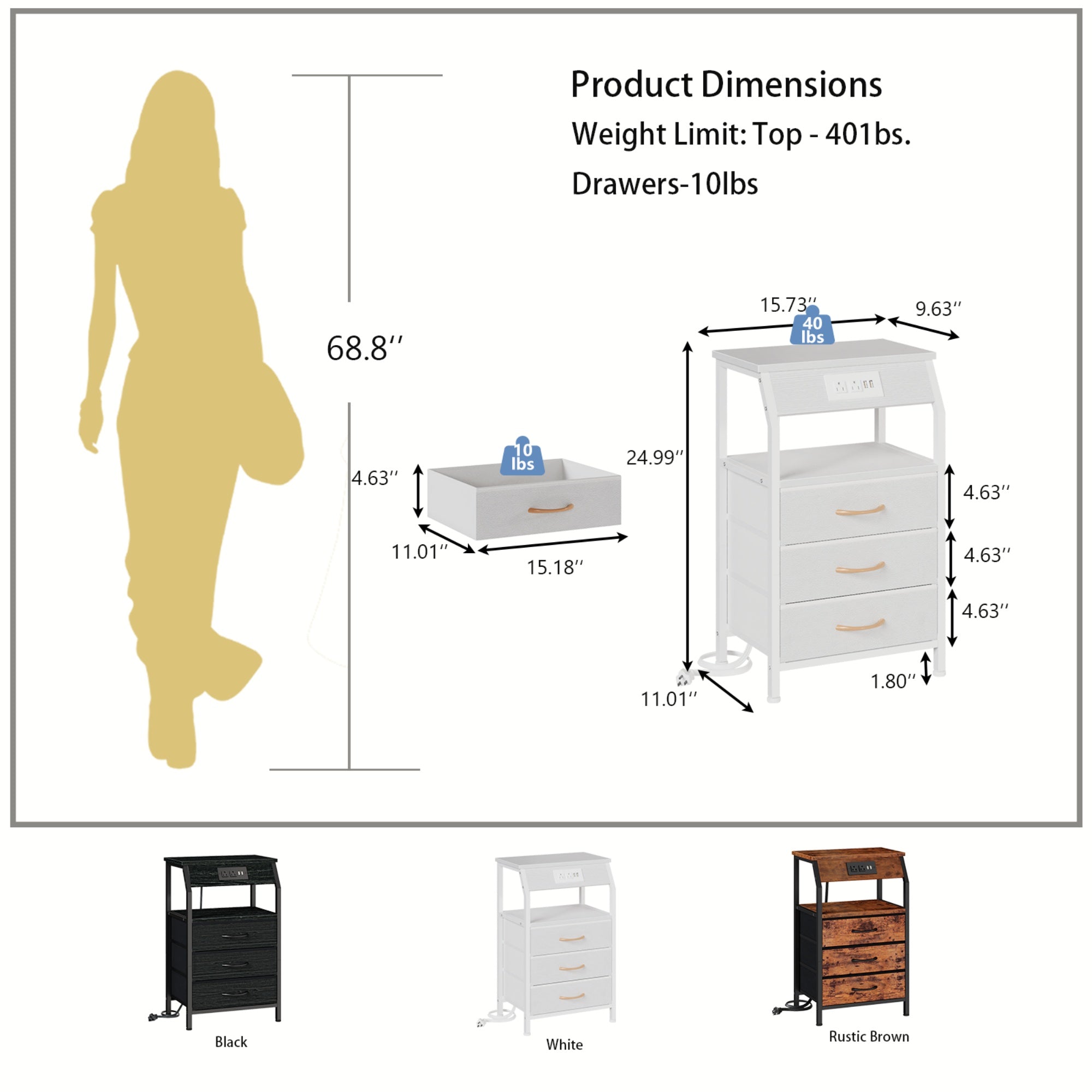 Furnulem Nightstands with 3/4/5 Drawers & Outlets, Bedside Tables with 2 USB Ports & 2-Tier Open Shelf