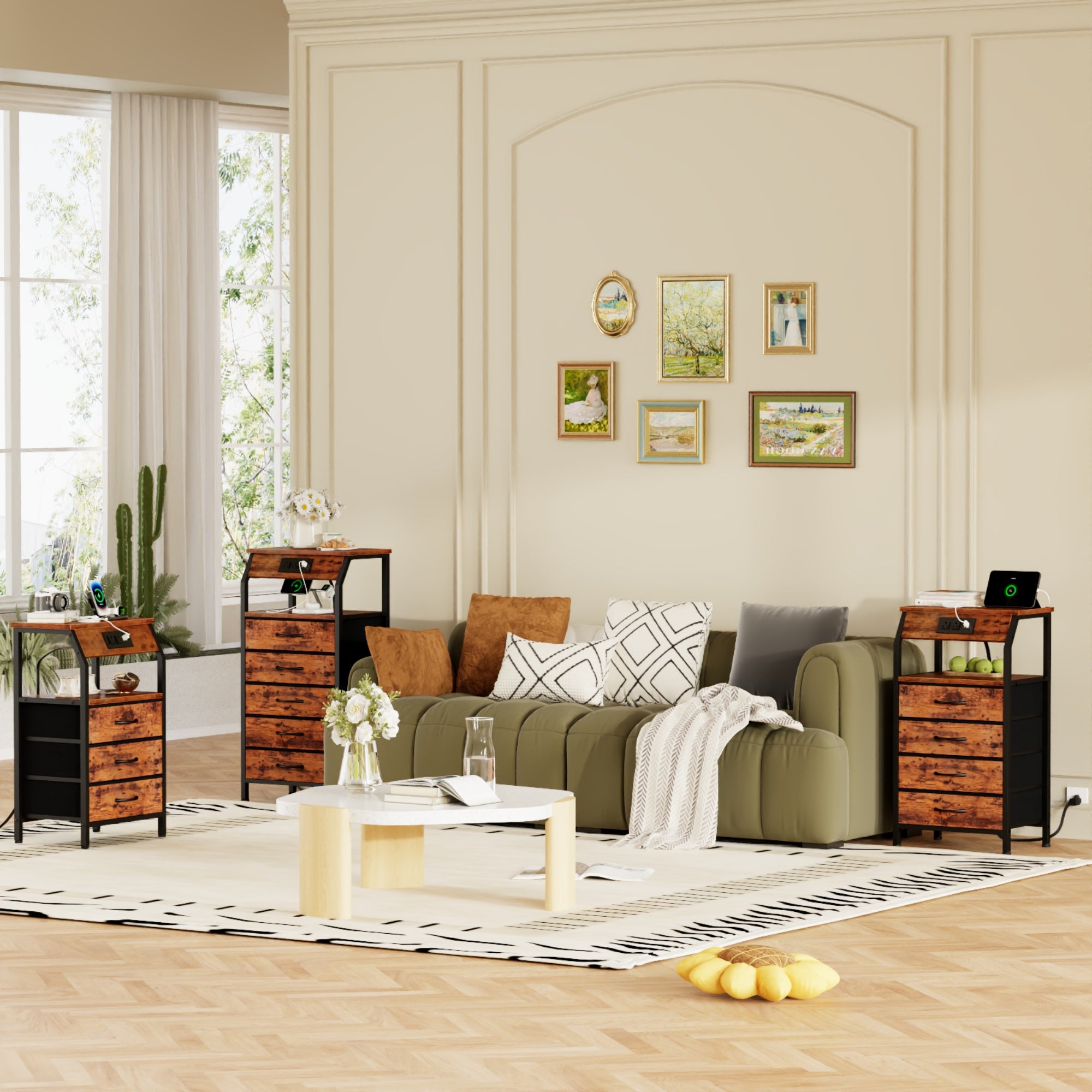 Furnulem Nightstands with 3/4/5 Drawers & Outlets, Bedside Tables with 2 USB Ports & 2-Tier Open Shelf