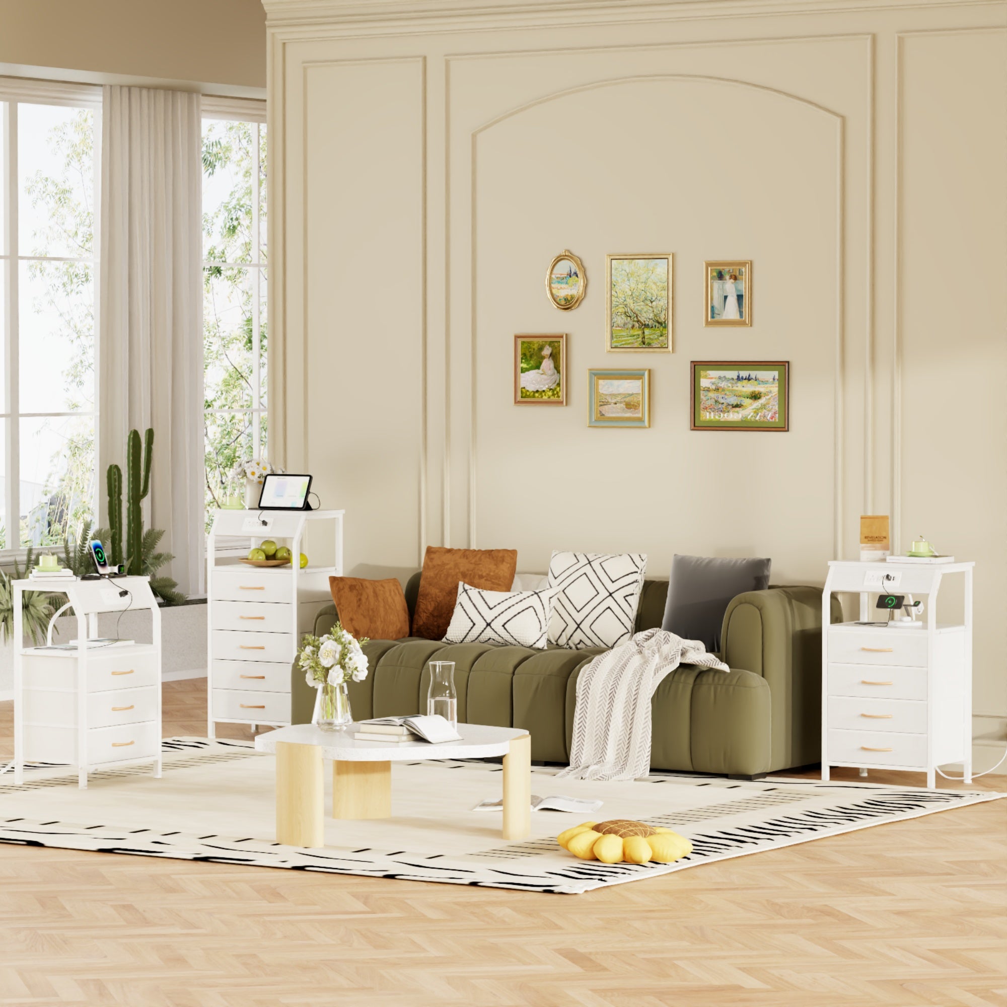 Furnulem Nightstands with 3/4/5 Drawers & Outlets, Bedside Tables with 2 USB Ports & 2-Tier Open Shelf