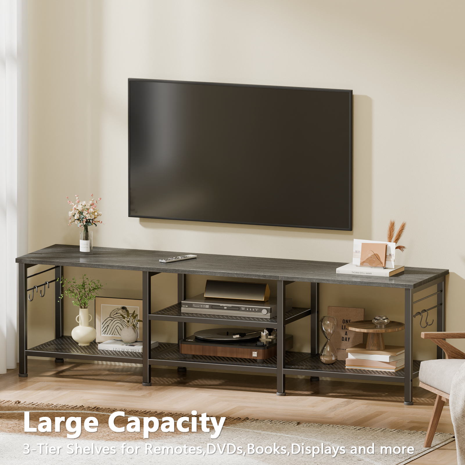 Qwatto 63 Inch Black Oak TV Stand for TVs up to 70 Inch Media Console Entertainment Center with Soundbar Shelf Open Storage Shelves Living Room Decor