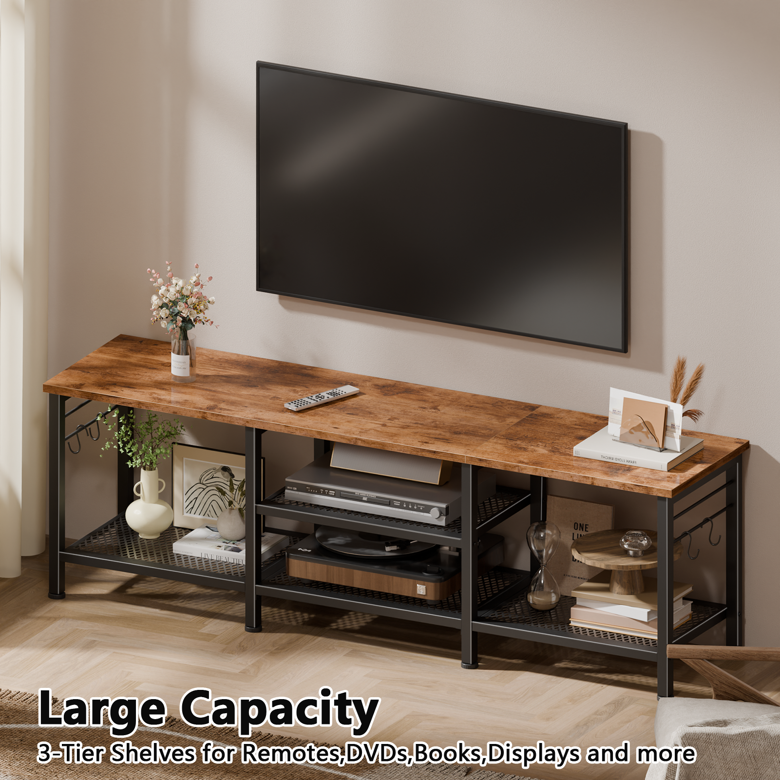 Qwatto Brown TV Stand for TVs up to 65 Inch Entertainment Center Media Console Table with Open Storage Shelves Soundbar Shelf Living Room Decor